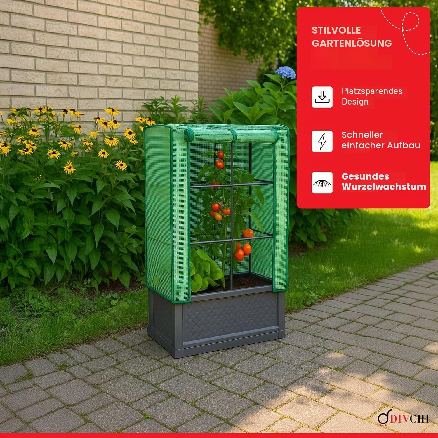 DIVCHI Hochbeet für den Außenbereich mit aus PE und Rankgitter | Großes Kunststoff-Gartenbeet für Gemüse, Kräuter und Kletterpflanzen | Ganzjahres-Pflanzkasten | Pflanztrog für den Außenbereich