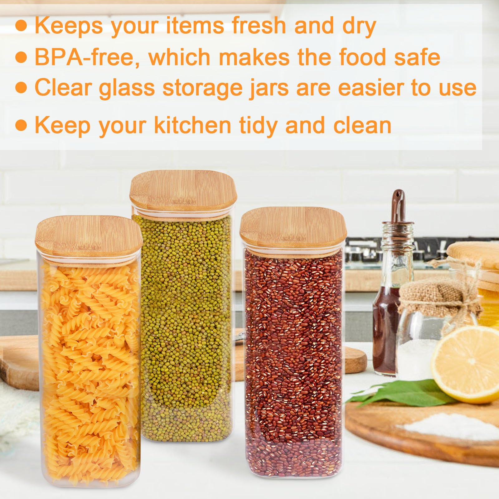 FINEW Set de 3 tarros de almacenamiento de vidrio con tapa de 2100 ml, tarros de almacenamiento cuadrados, grandes recipientes herméticos de vidrio, tarros de especias para cocina de espaguetis