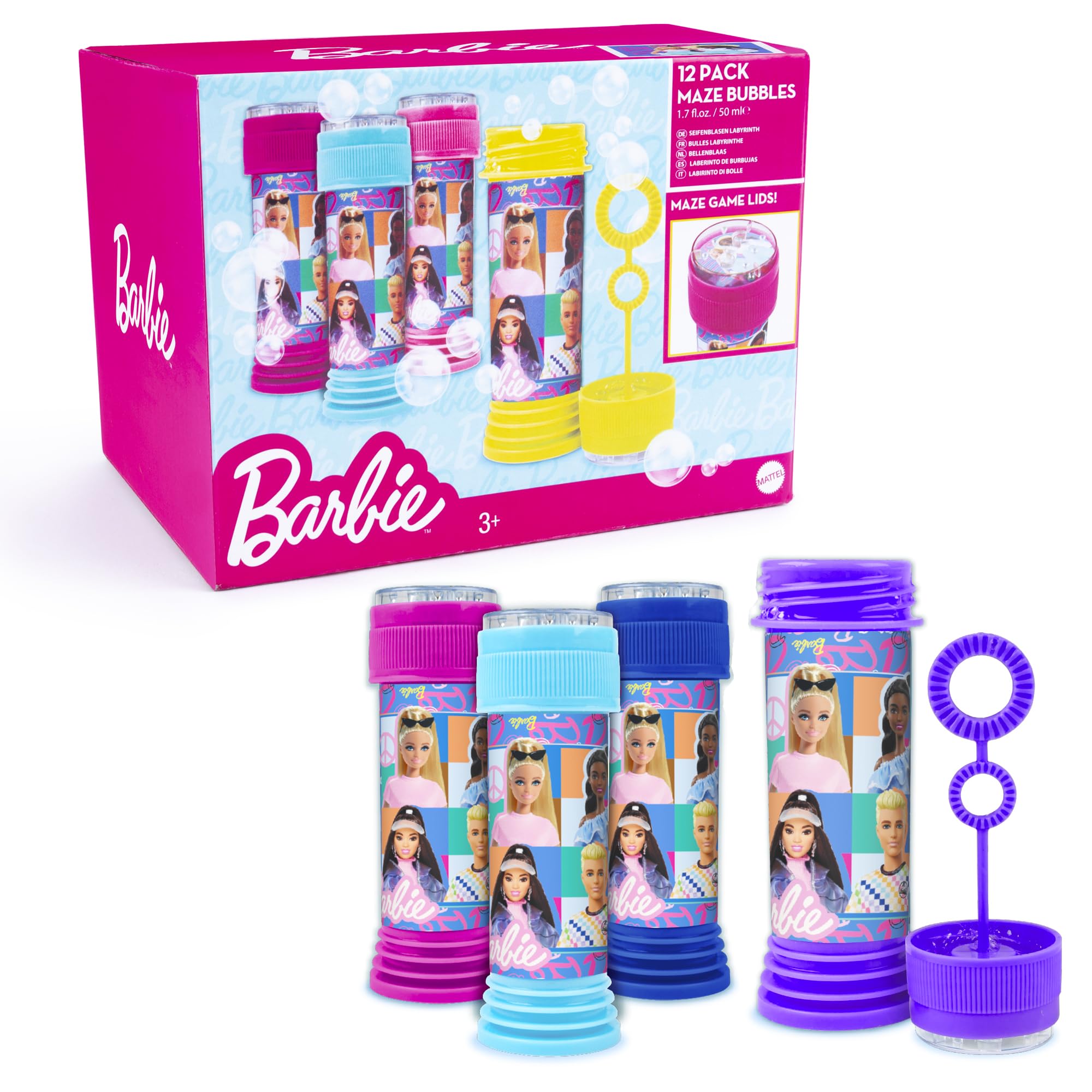 abeec Barbie Bubbles, 12 Pack Bubble Tubes With Wands, Barbie Party Bag Fillers, Interactive Maze Lid Game