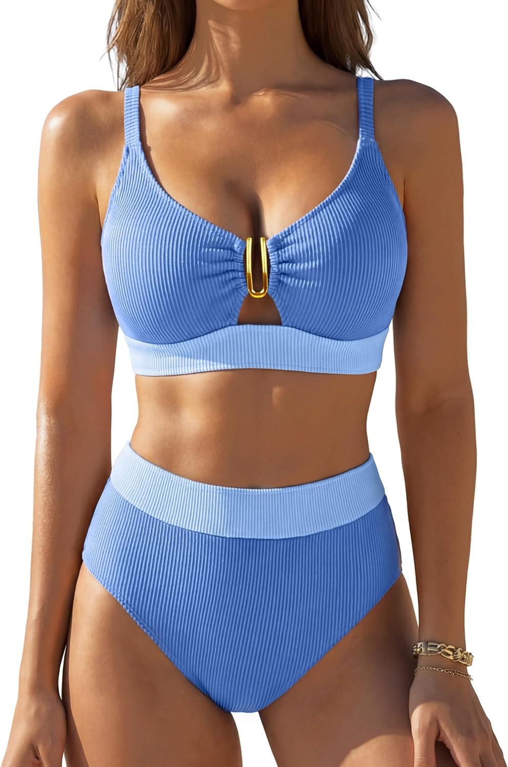 BMJL Womens High Waisted Bikini Sets Ribbed Two Piece Swimsuit V Neck Cutout Lace Up Back Bathing Suit 2026 Summer