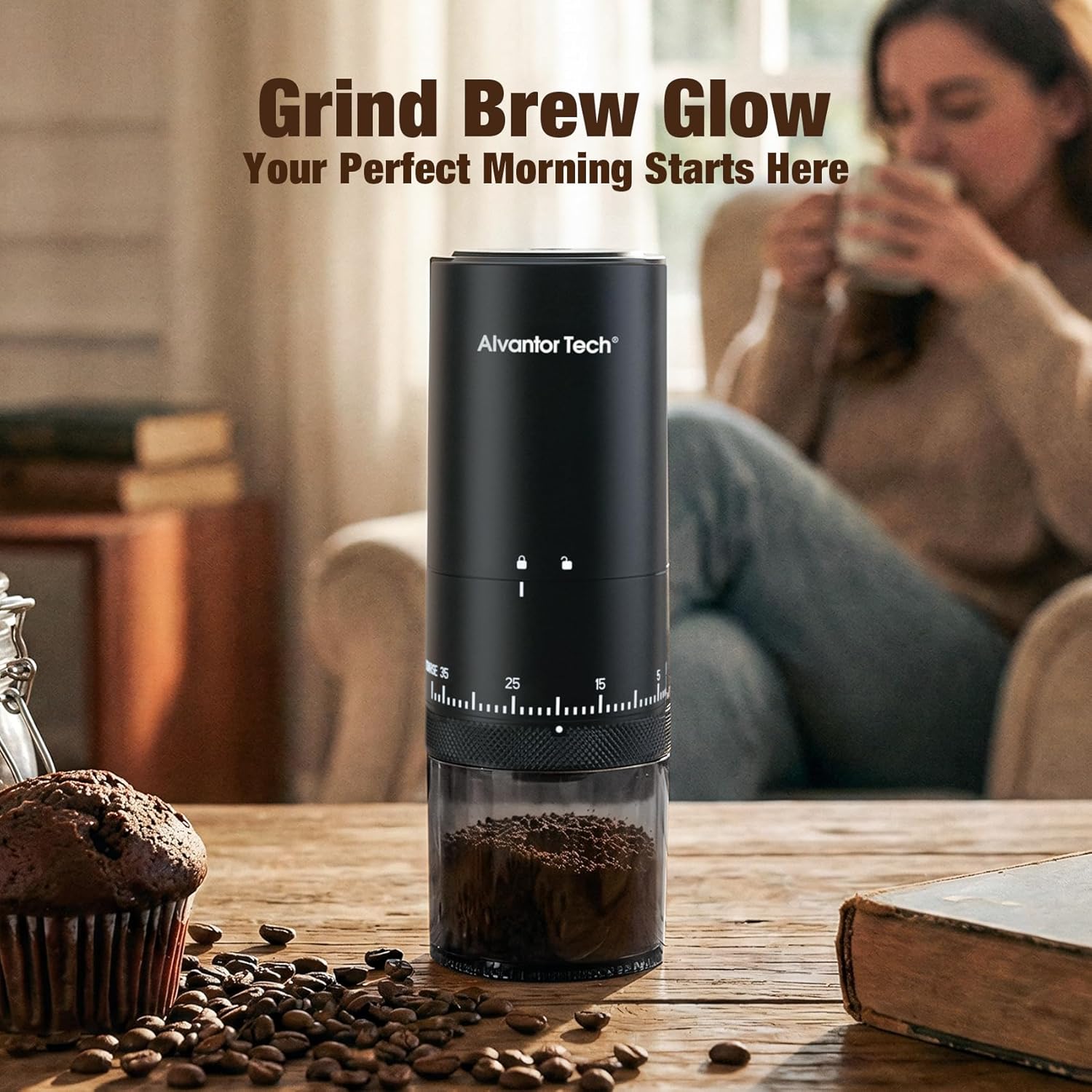 Portable Electric Burr Coffee Grinder - Ultra Quiet (<65dB) with Ceramic Conical Burr, 38 Adjustable Settings, Cordless Rechargeable for Travel Camping Office Home