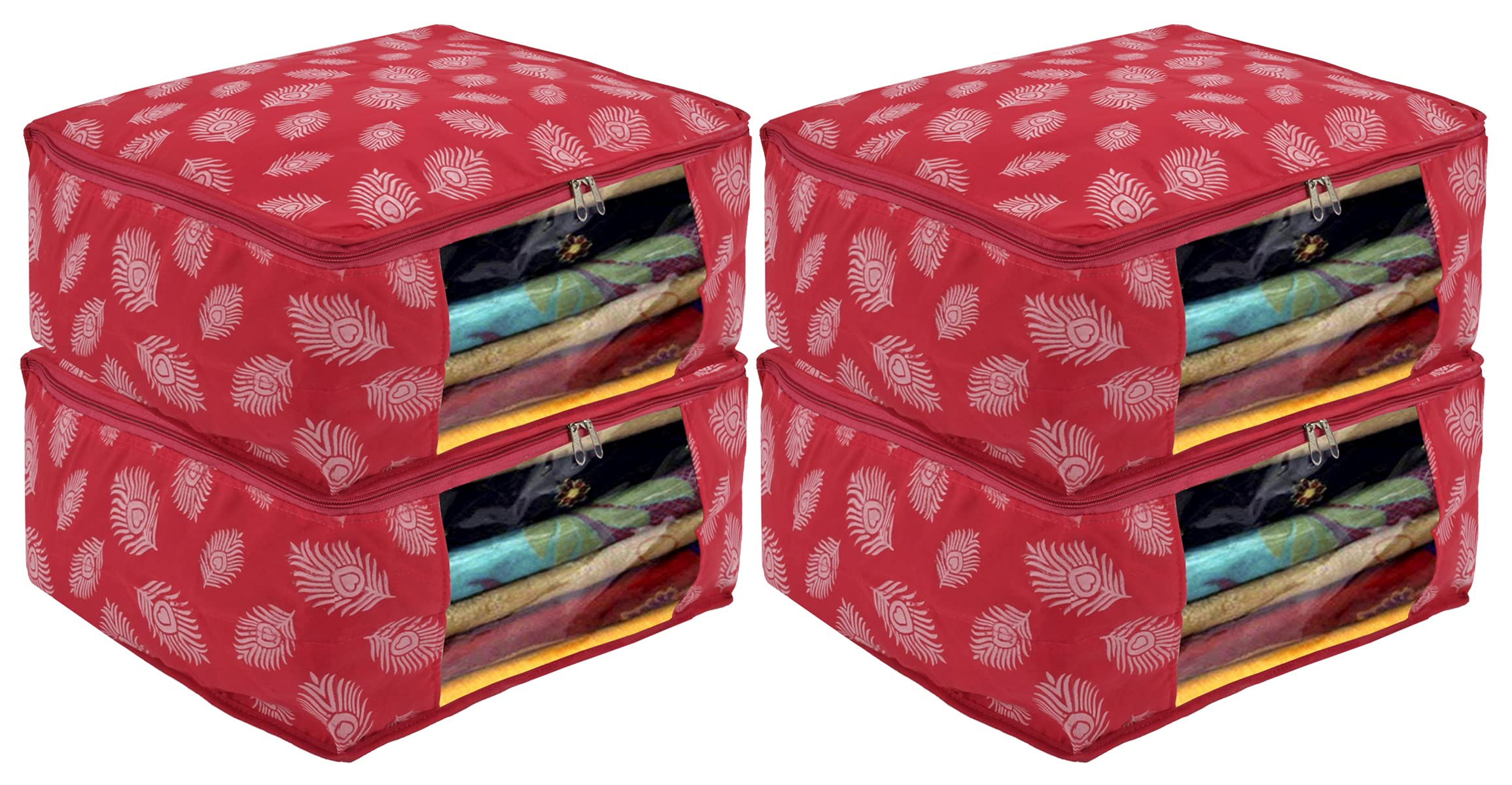 Kuber Industries Leaf Printed Saree Cover With Transparent Window, Pack of 4 (Pink)