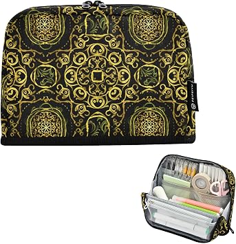 Mandala Ebony Gold Large Capacity Pencil Case Pouch for School Teen Girl Boy Stationery Pen Bag with Zipper & Compartments Student Pen Pouch for Office Men Women
