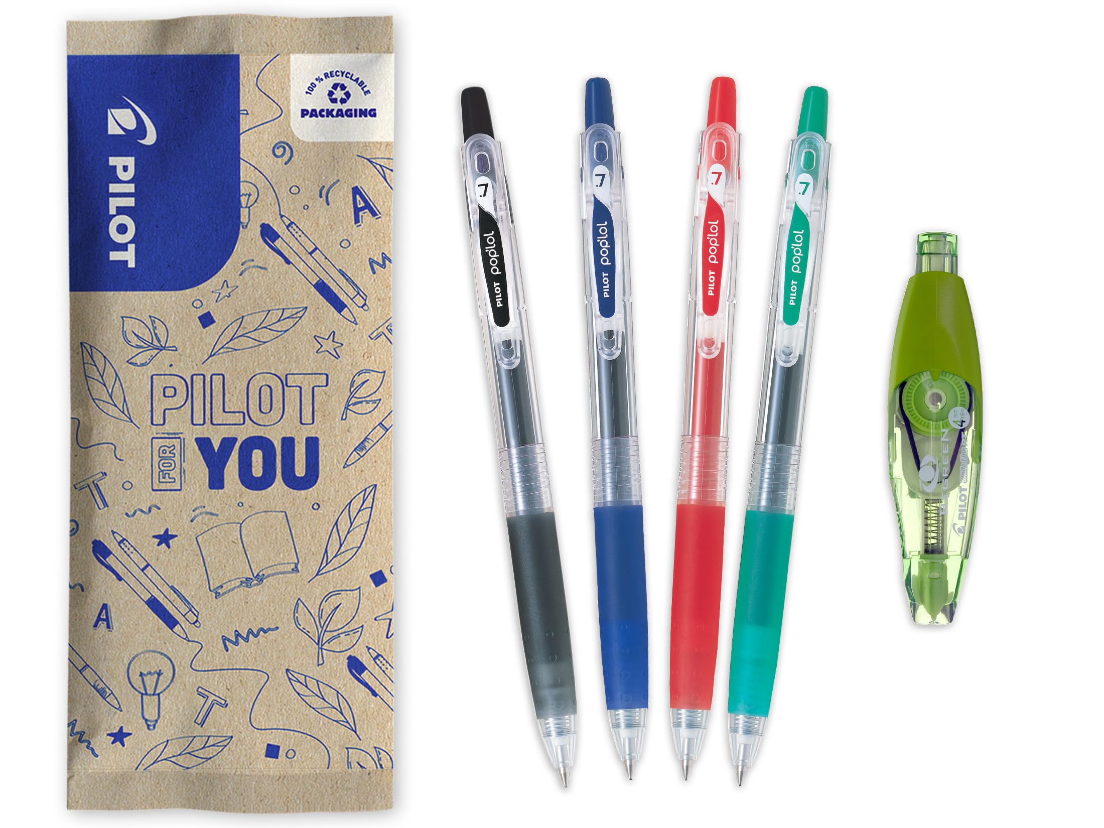 PILOT - Caja de 4 Pop'Lol + 1 Corrector - Bolígrafos Roller Tinta Gel - Retráctiles y Recargables - Escritura Suave y Confortable - Negro, Azul, Rojo, Verde - Punta Media