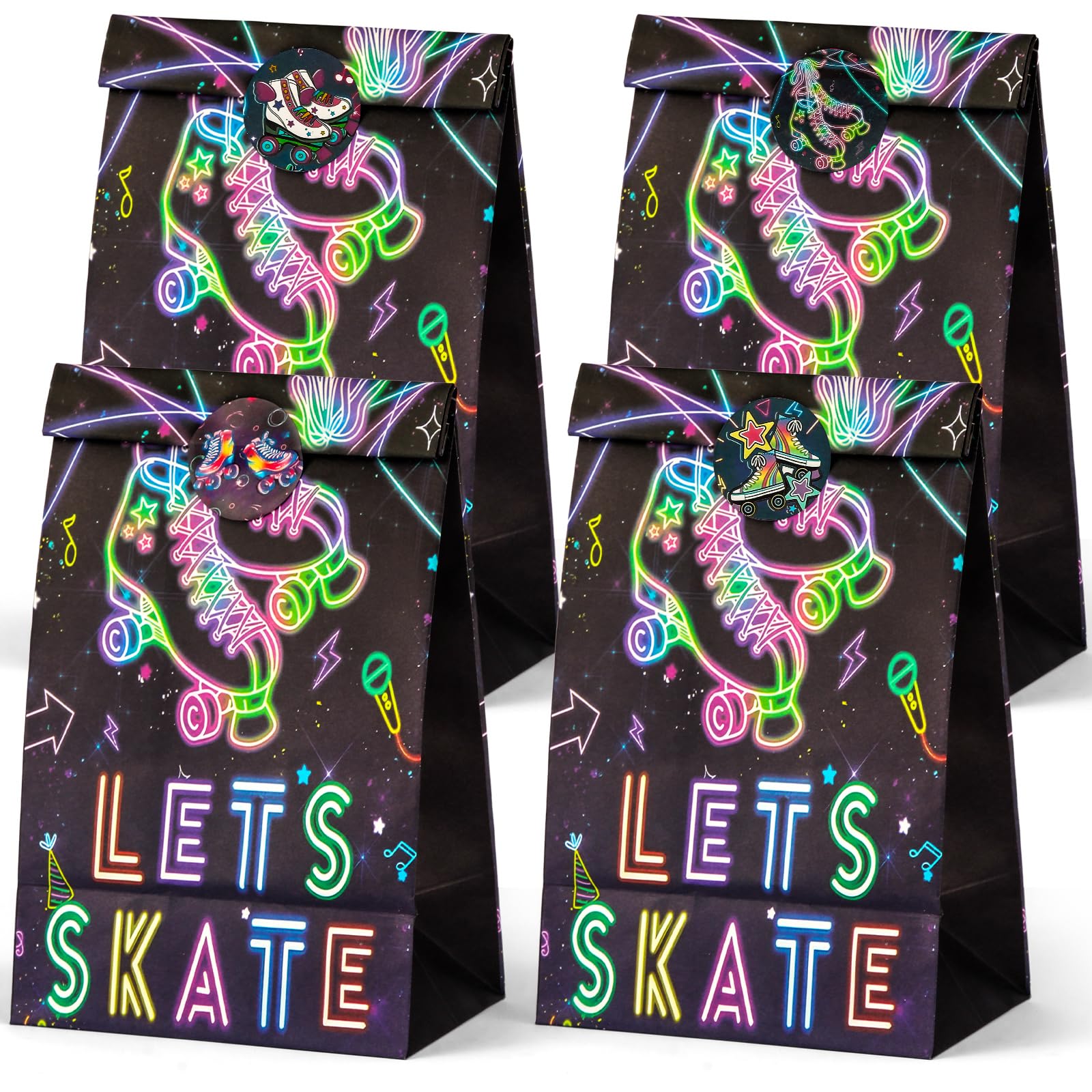 YXXHOME 24 Roller Skating Goodie Bags and 4 Different Patterns 24 Colorful Stickers Roller Skating Party Birthday Bags,Snack Candy Gift Bag For