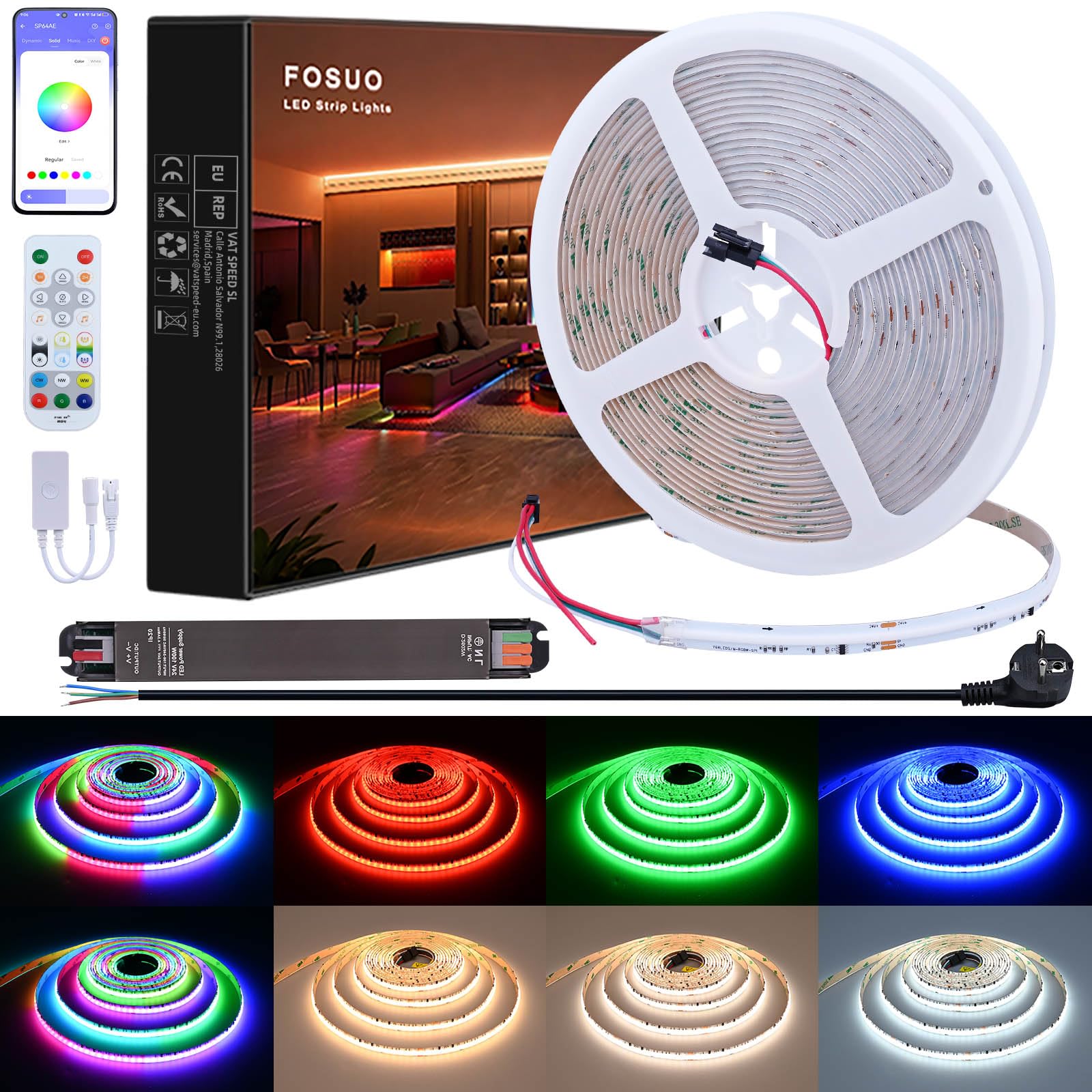 Tira LED COB RGBW CCT IC 10M 24V 840LED/M Kit, Blanco Ajustable 2700K-6500K 8400 LEDs WS2811 Ancho 10mm Direccionable Multicolor Cambio de Color Para Dormitorio, Gaming, Fiestas