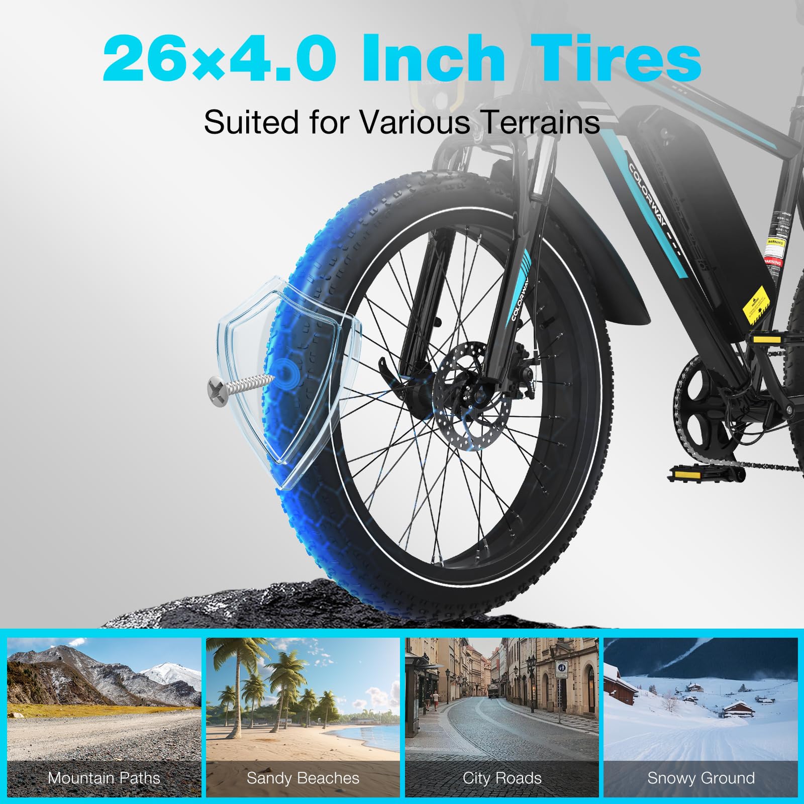 COLORWAY Bicicleta Eléctrica 26” Fat Tire 48V 15Ah 720Wh, Motor 250W, 7 Velocidades, Suspensión Delantera, Doble Freno de Disco, E-Bike para Montaña y Ciudad