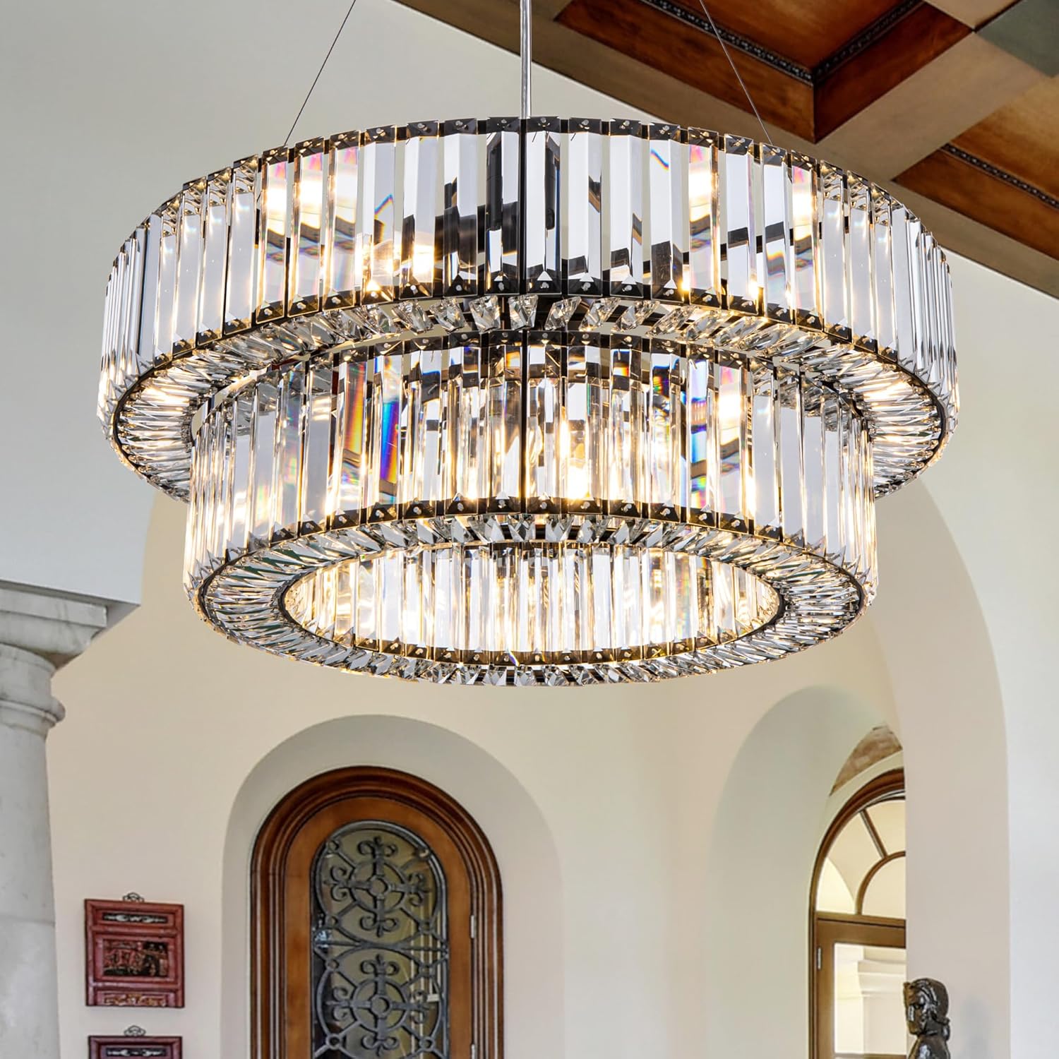 TOCHIC Black Crystal Chandeliers 9 Lights Modern Chandeliers for Dining Room, Vintage Light Fixture for Bedroom, Foyer, Entryway, High Ceiling Chandelier with 2 Tiers Crystal, 24" D