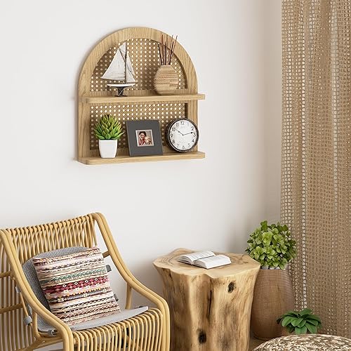 Miniatura 5 de Estante de pared de ratán bohemio de madera, estante flotante de mimbre arqueado de 2 niveles, estante bohemio de madera natural, estantes rústicos