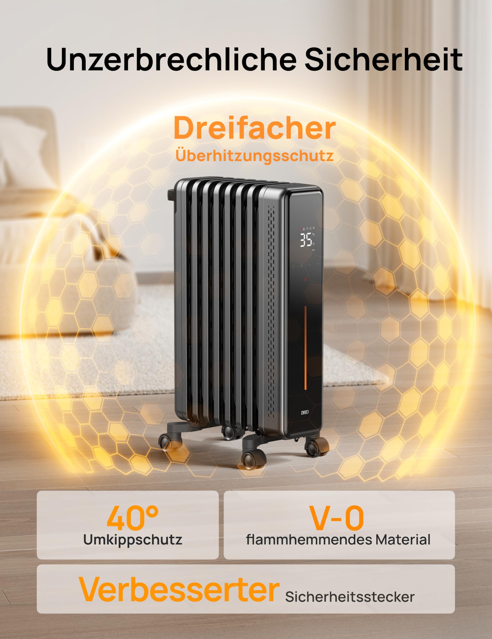 Dreo Ölradiator Energiesparend, 2000W Elektroheizung mit 9 Rippen, 3 Heizstufen, 4 Modi, 24h Timer, Überhitzungs-Kippschutz, Leiser Radiator Heizung Elektrisch mit Thermostat, OH521