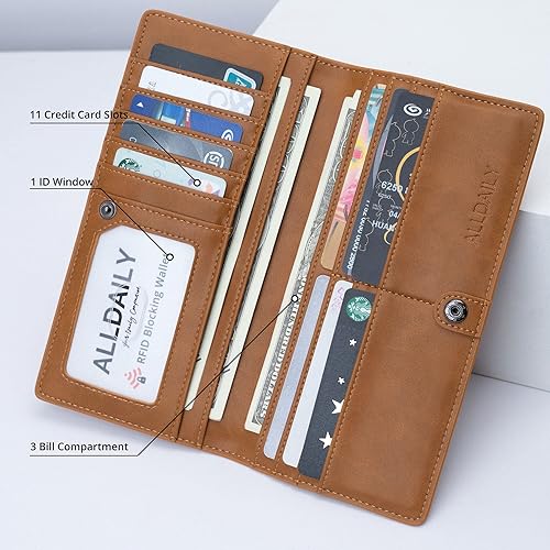 Miniatura 2 de Alldaily Ultra delgado mujeres cartera RFID bloqueo tarjeta de crédito titular plegable largo señoras Billfold (marrón)