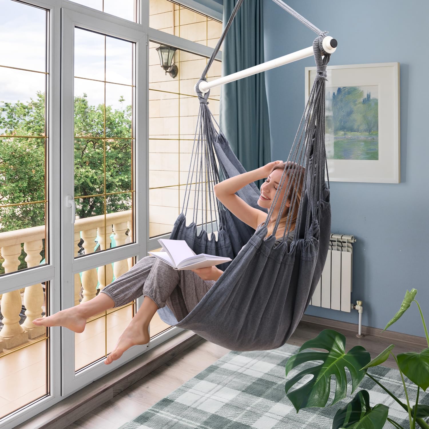 Ohuhu poltrona sospesa XL, Sedia sospesa fino a 150 kg - poltrona sospesa da giardino per adulti e ragazze, Indoor & Outdoor per giardino, balcone, camera da letto - Grigio scuro