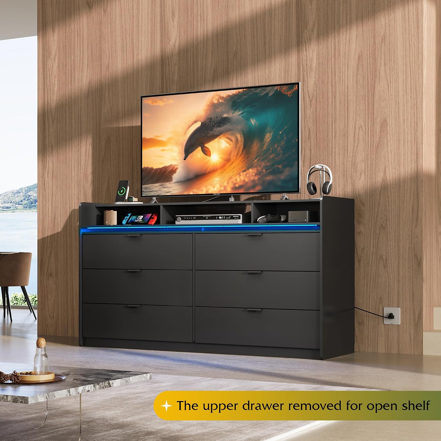 WLIVE dresser with top drawer removed to show open shelf configuration for media devices