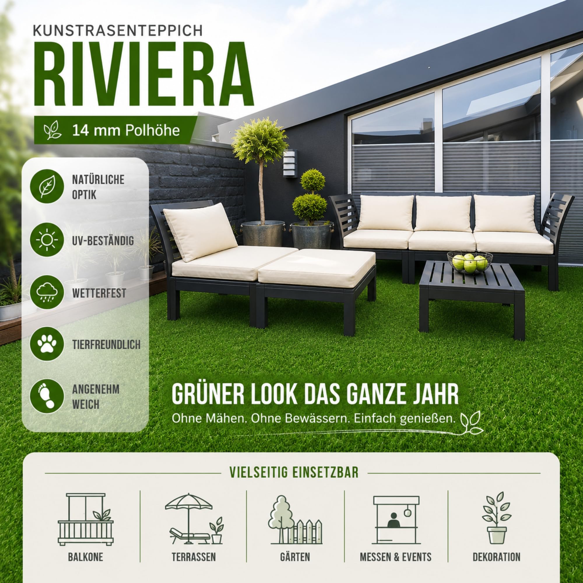 SKY Kunstrasen 200x400 cm - Wetterfester Outdoor Teppich in Grün für Balkon Terrasse & Garten - Robuster Teppichboden als Rasen-Alternative - 14mm Riviera