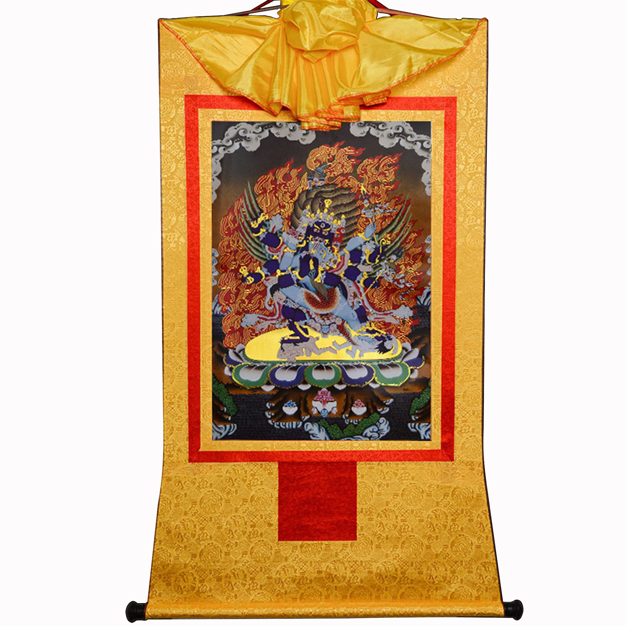 LYVQZPWLR Gandhanra Tibetan Thangka Wall Hanging, Buddhist Tibetan Thangka Brocade Wall Hanging 6-Armed Mahakala Multicolor Multiple Sizes(Unique Colour,Small(35cm*27cm))