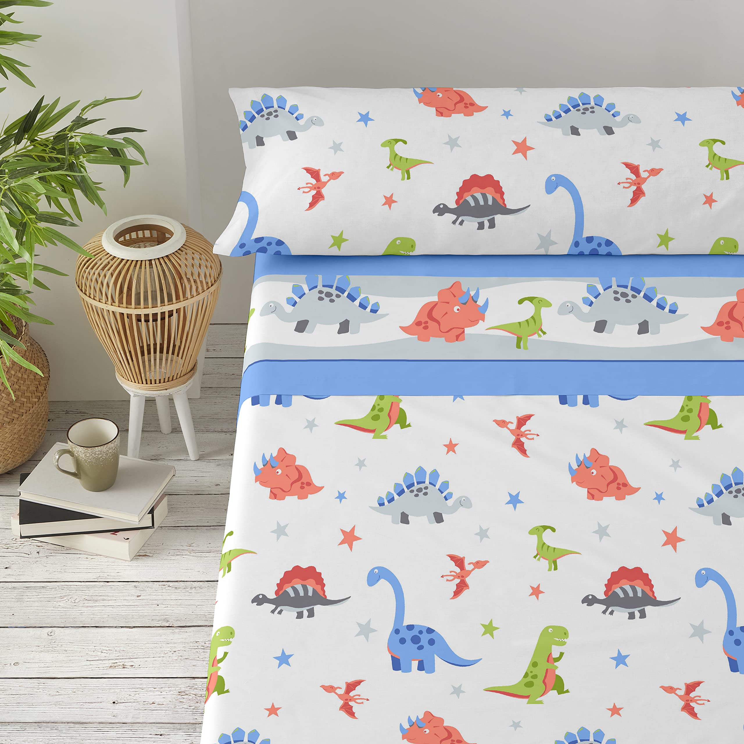 Degrees Home - Jurasic - Sabanas Infantiles de 105x190 - Juego de Sabanas Infantil de 105x190 - Sabanas 50% Algodón 50% Poliéster - 3 Piezas - Azul, SGJ0105A
