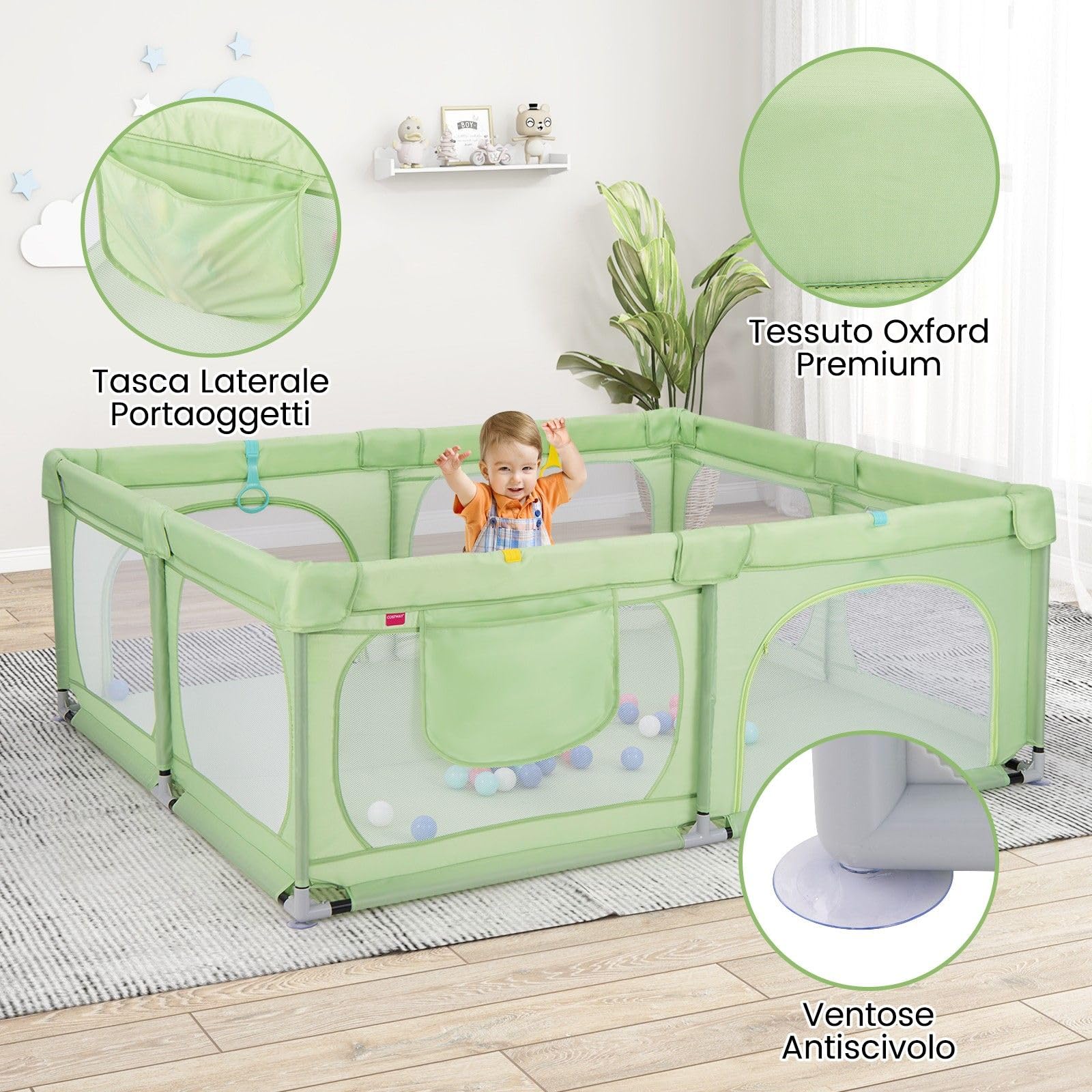 COSTWAY Recinto per Bambini, Box Pieghevole con Rete Traspirante, Centro Attività per Neonati con 50 Palline, Box Giochi per Bambini 0-3 Anni (Verde, 189 x 158 cm)
