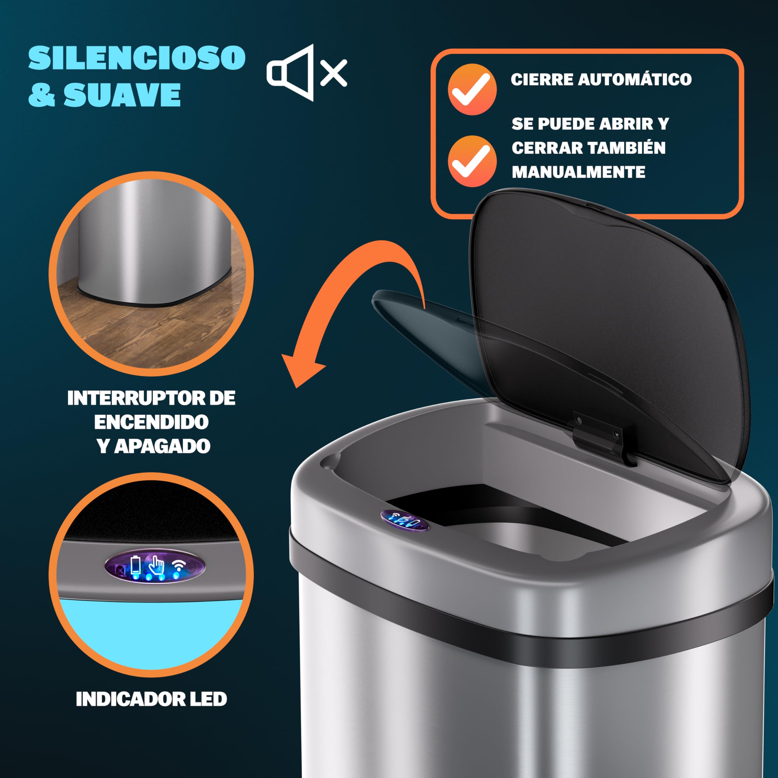 Monzana® Cubo de Basura Cocina con Sensor 58 L Acero Inoxidable Tapa Automática Extraíble Anillo Seguridad Indicador LED Cable USB Casa Oficina Plata