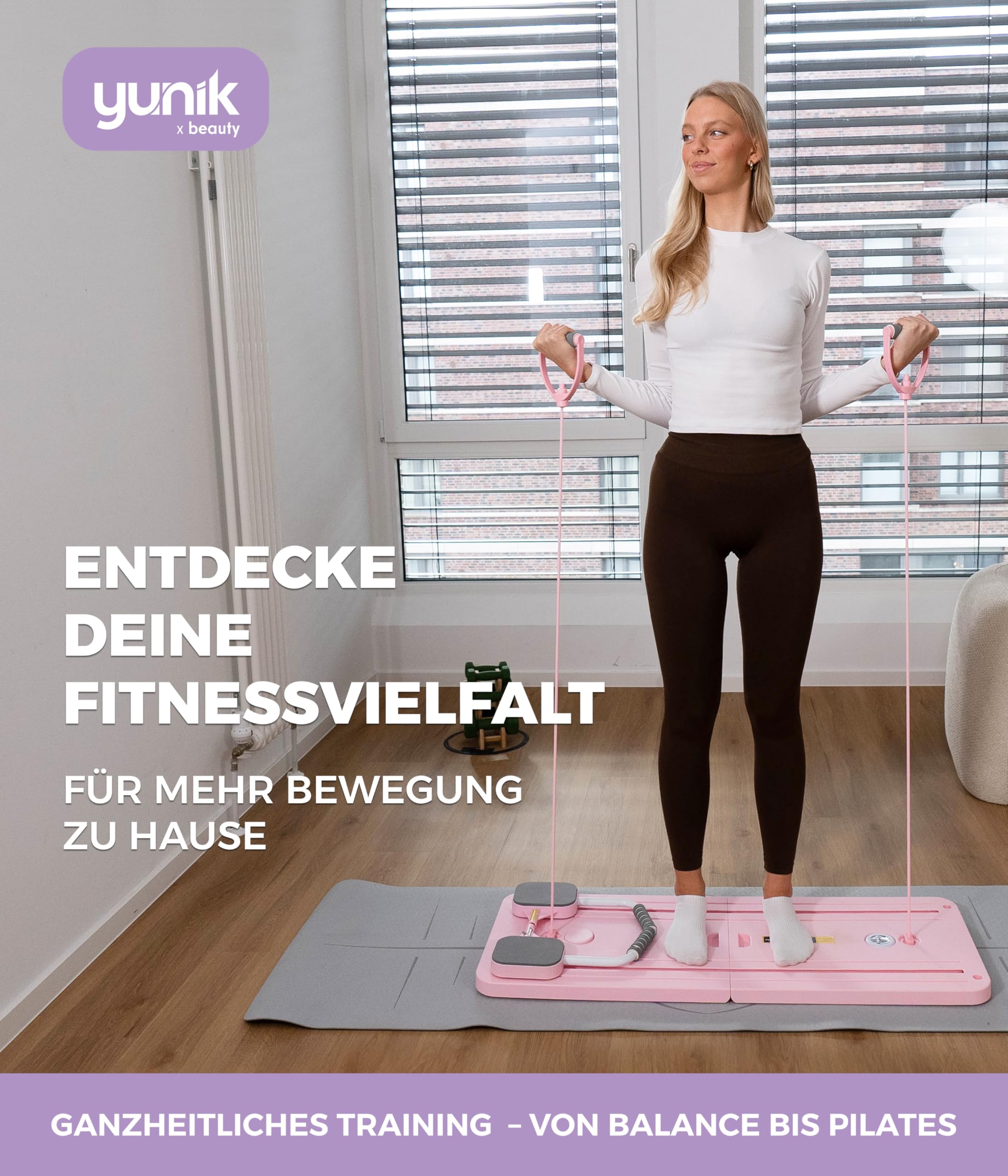 Yunik® Pilates Board | Faltbar & Kompakt | Ganzkörper Set mit Trainingsbändern Home Workout Pilates Reformer für Zuhause Trainer klappbar für Schulter Bauch Arme