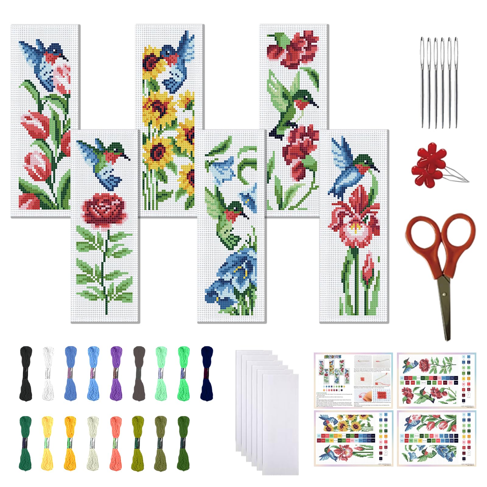 FREEBLOSS 6 Set Cross Stitch Bookmark Kit 11CT DIY Cross Stitch Kits Hummingbirds Pattern Stamped Embroidery Kit with Instructions Bookmark Making Set for Adult Beginners 8x2.4inch