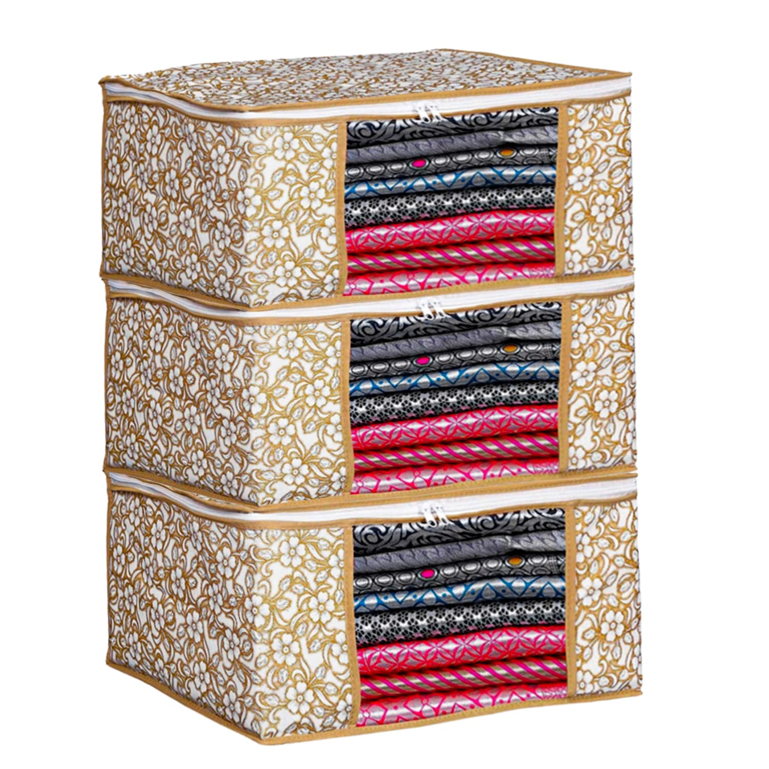 AMAK INC Saree Cover, Zipper Closure Saree Storage Bag, Saree Organizer for Wardrobe with Transparent Window, Clothes Storage Bags for Lehenga, Floral-Polka Design, Brown, Pack of 3