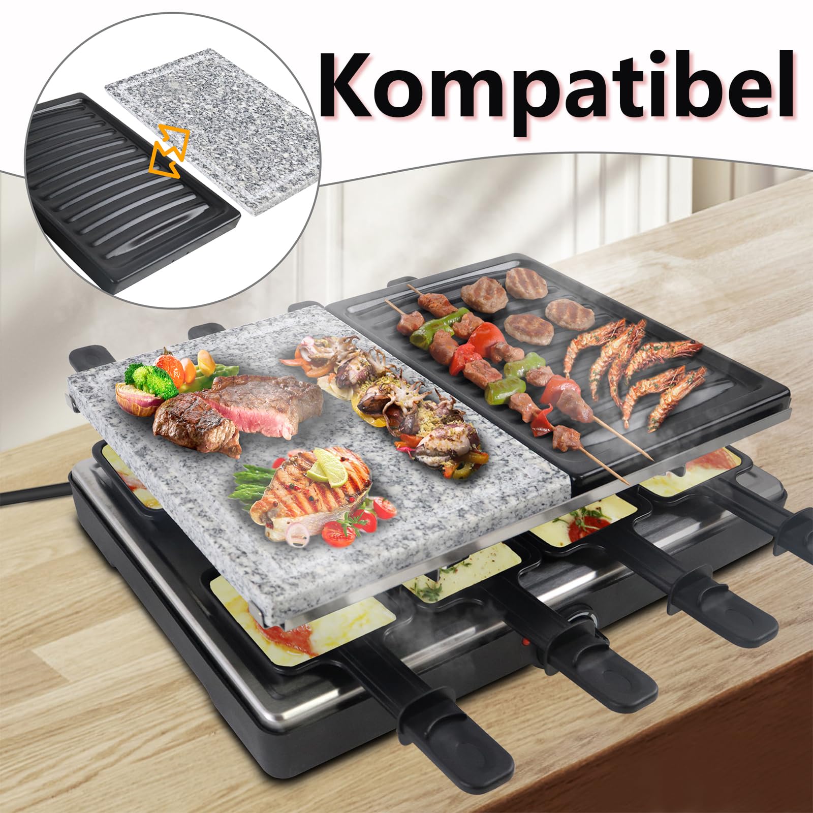 HENGMEI Appareil à raclette électrique en acier inoxydable avec poêles, plaque de cuisson antiadhésive et pierre naturelle pour 8 personnes, max. 1400 W, noir