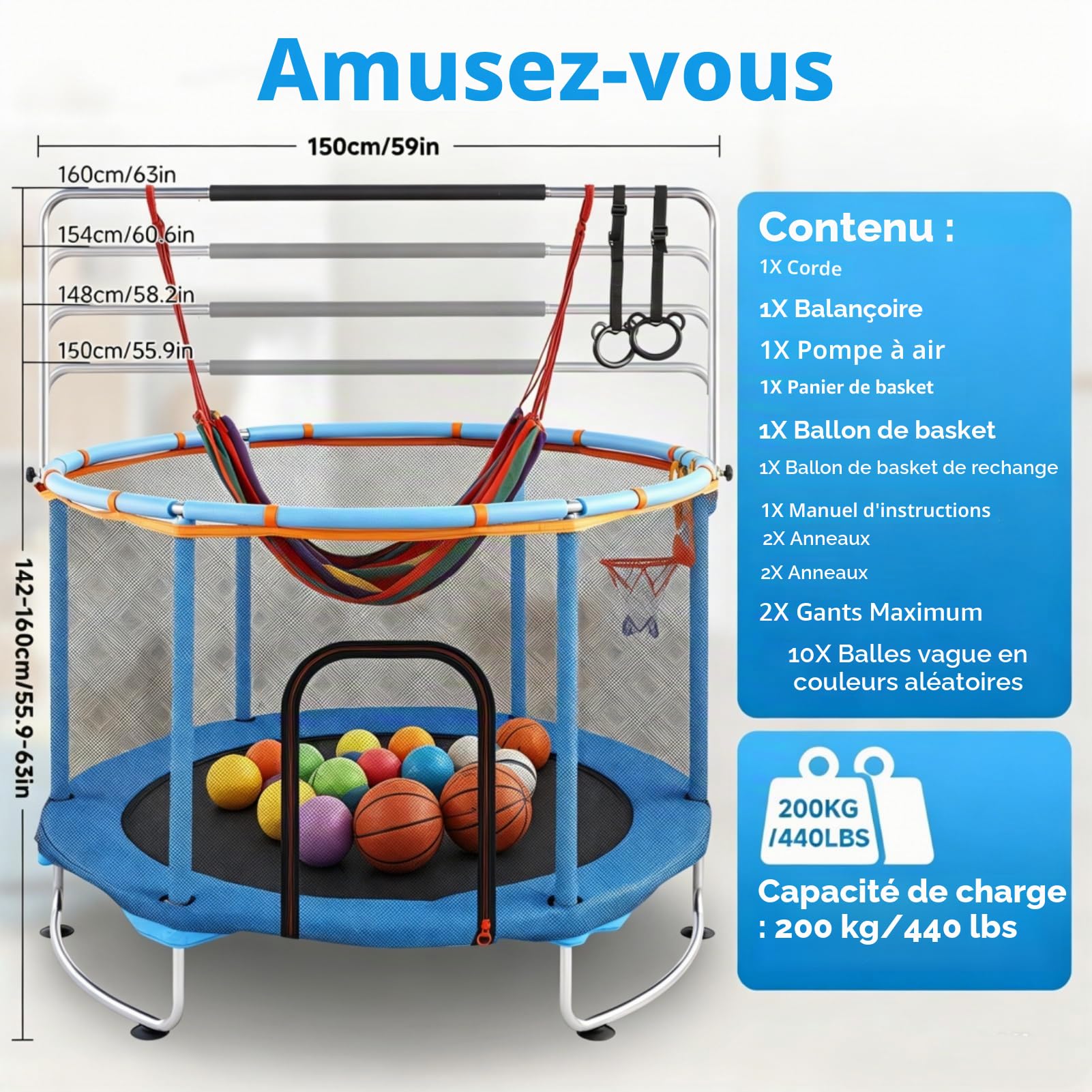 150cm Trampoline Exterieur Enfant, Multifonctionnel 5 en 1 Trempoline avec Balançoire, Panier Basket, Anneaux, Filet Sécurité et Ventouses Antidérapantes, Hauteur Réglable pour Enfants 2 à 9 Ans