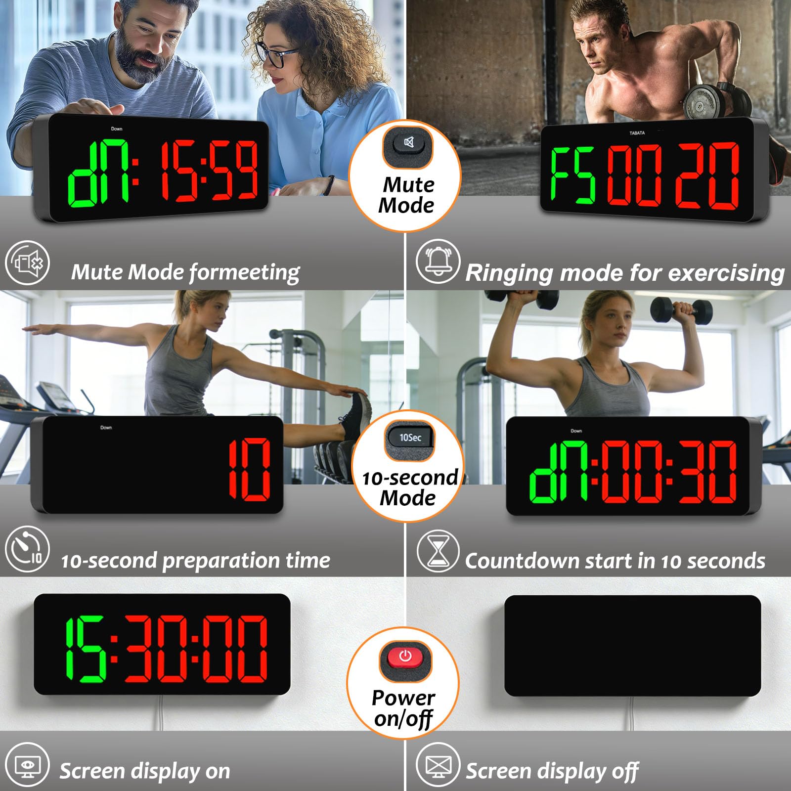 Orologio da palestra con timer per Tabata/FGB/EMOM, allenamento a intervalli con ampio display a LED, orologio digitale da parete con secondi, timer fitness con telecomando per aule, casa