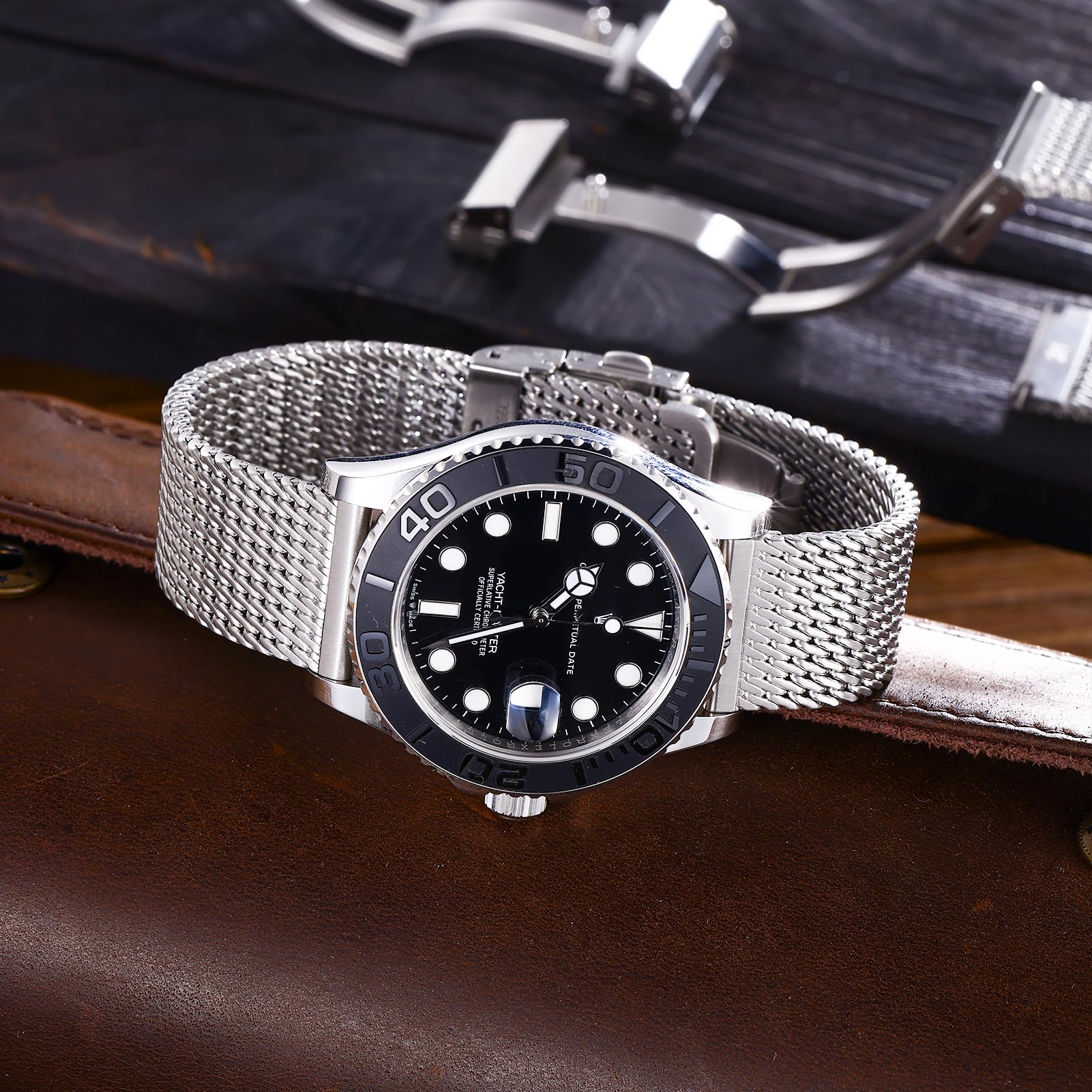 REZERO Correas de Reloj, Brazaletes Metálicos, Pulseras de Acero Inoxidable, Correa de Malla Milanesa para Hombre Negro/Platino 19/20/21/22/24mm