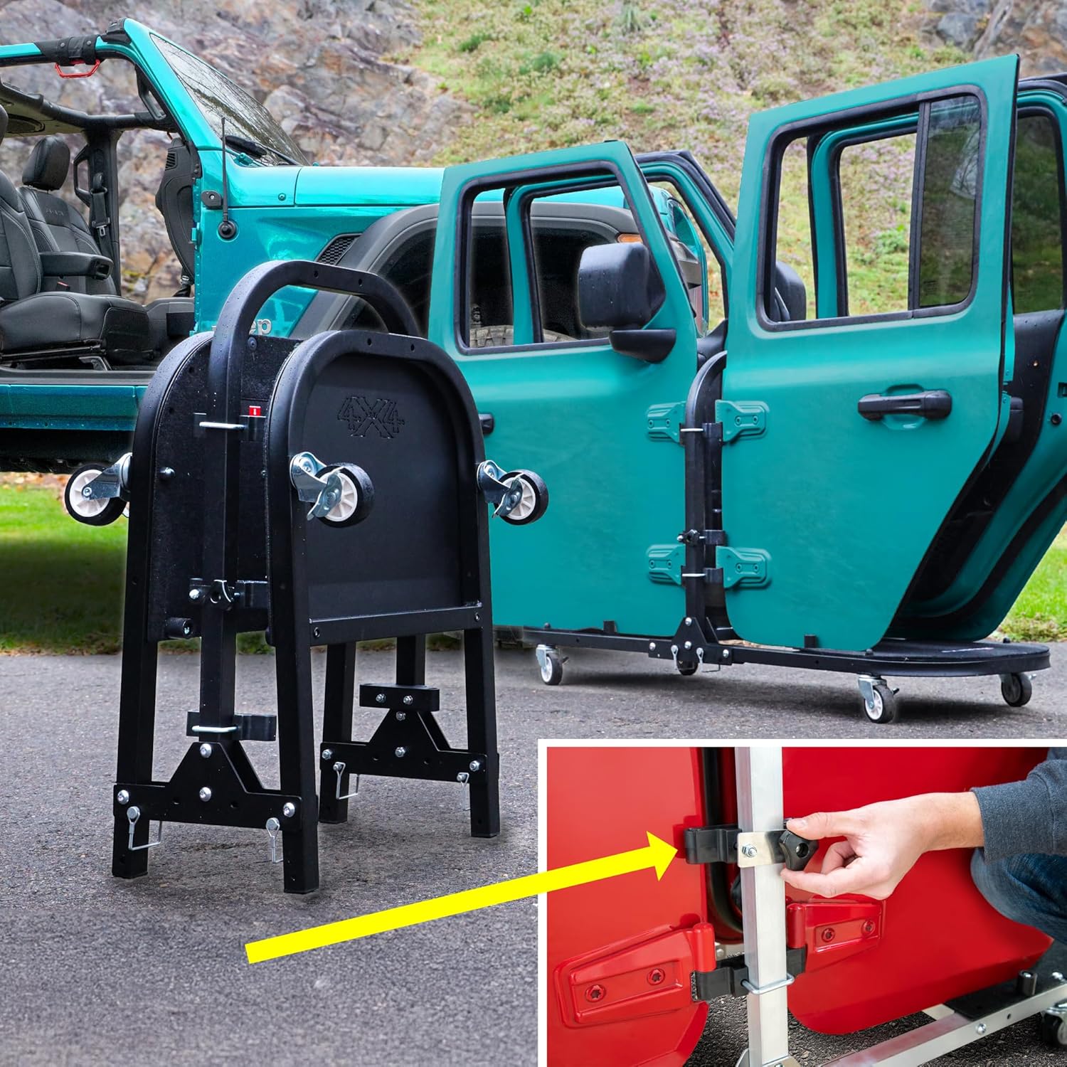 EZ4X4 Aluminum Black 4 Door Folding Rolling Door Cart, Storage Door Rack Holder Stand fits Jeep® Wrangler JL JLU JK JKU TJ YJ and Gladiator JT Patented