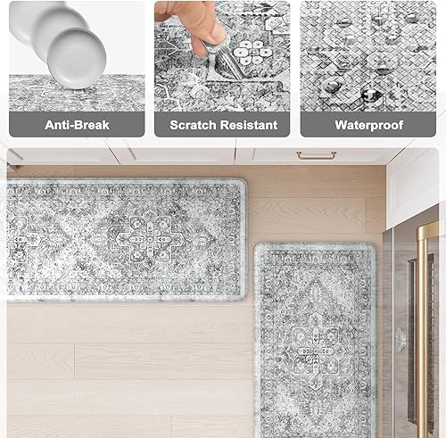 Vista 65 de KIMODE - Juego de 2 tapetes de cocina antifatiga, estilo vintage, antideslizantes, impermeables, ergonómicos, acolchados, cómodos para lavandería