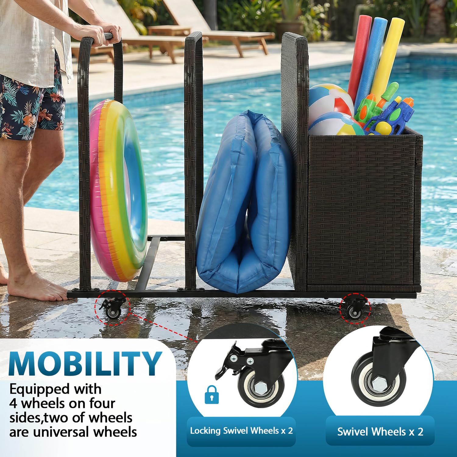 FDW Contenitore per galleggianti da piscina, con ruote, cestino in rattan sintetico, scomparti aperti per galleggianti, noodles, giubbotti di salvataggio, palline da spiaggia, attrezzature cuscini