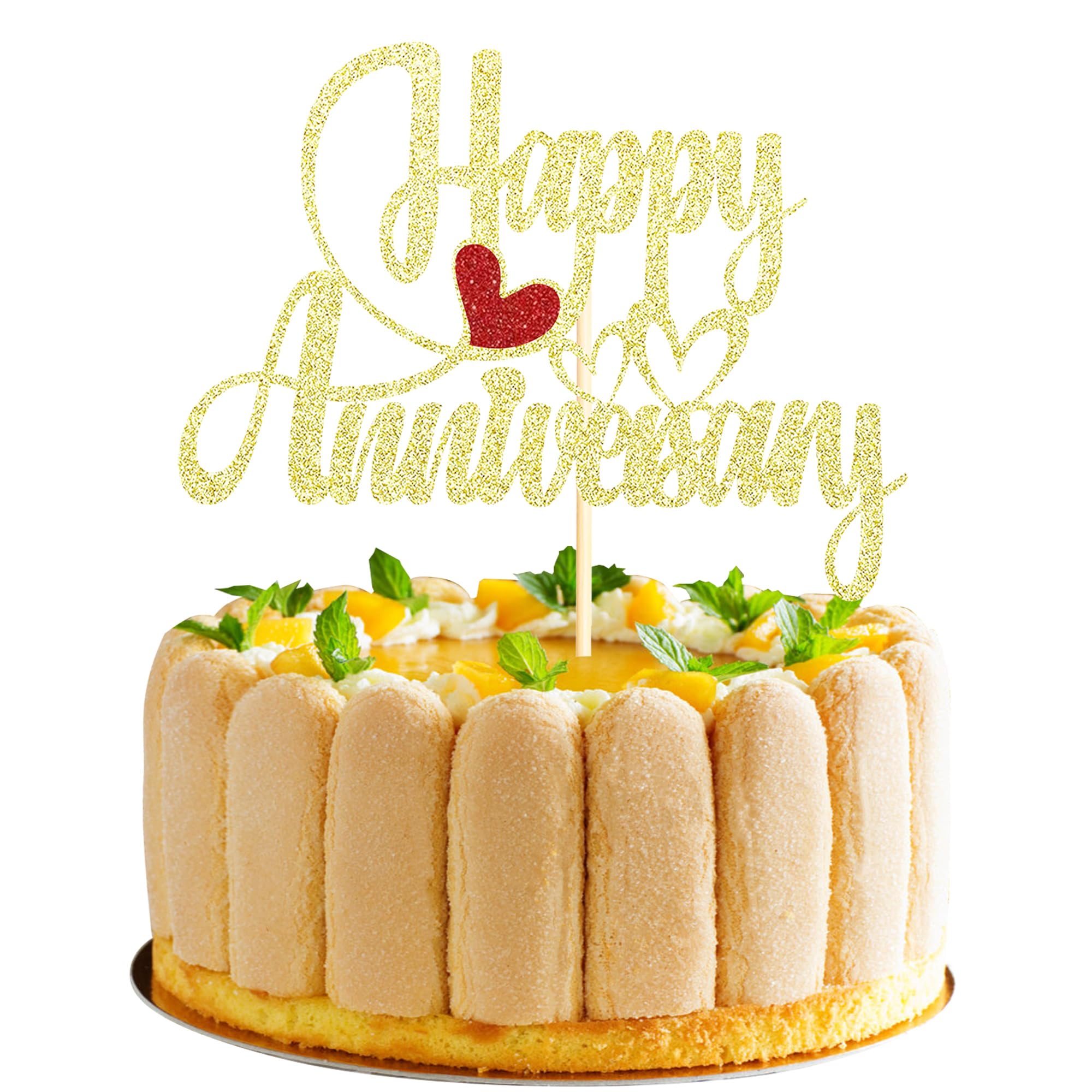 Sotpot 1PC Happy Anniversary Cake Topper Gold Glitter Cake Decorations for Company Birthday Party Wedding Anniversary Party Supplies