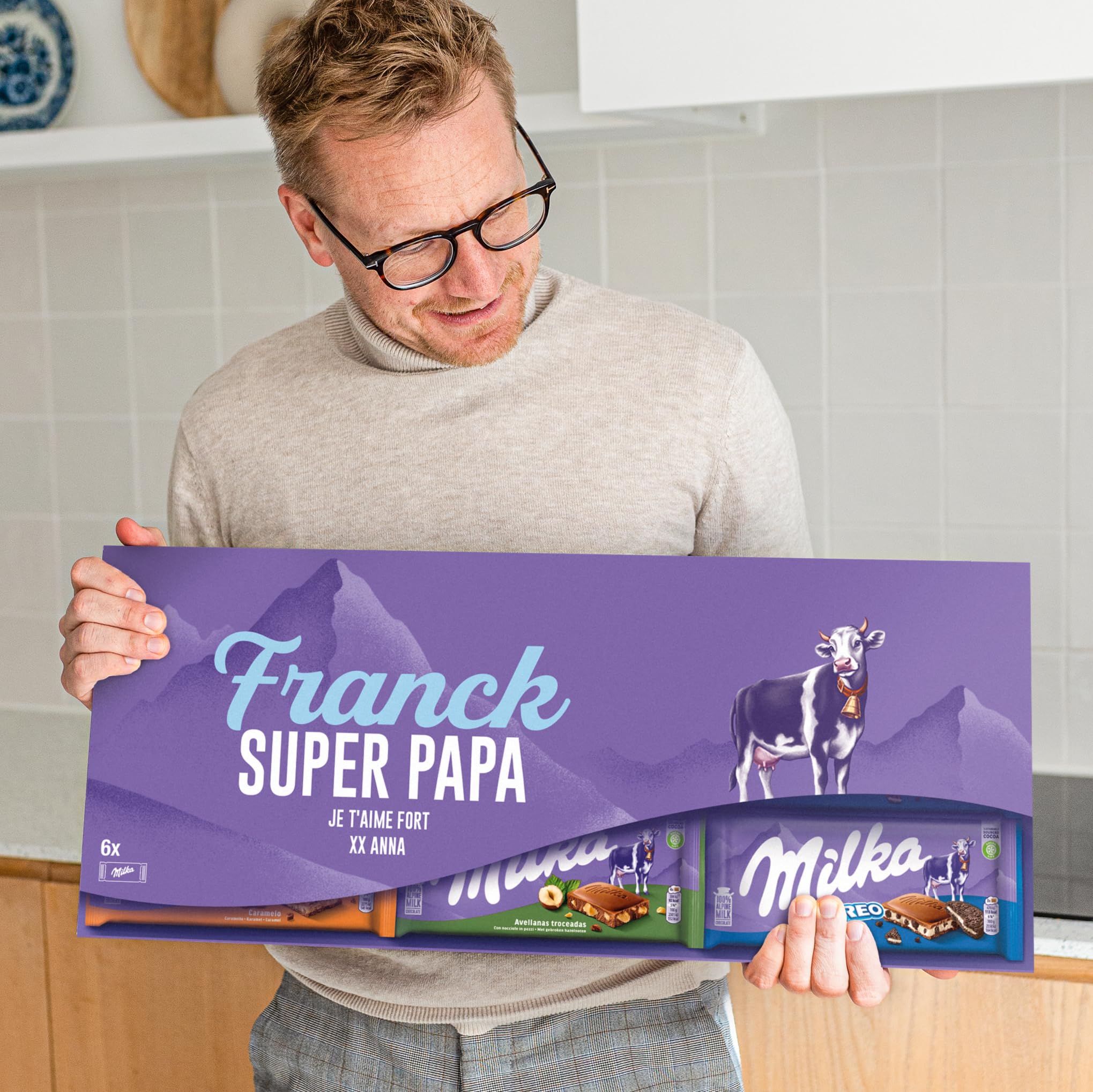 Milka Méga Tablette de Chocolat Personnalisée - Cadeau fete des peres personnalisé avec Nom et Message (6 Tablettes)