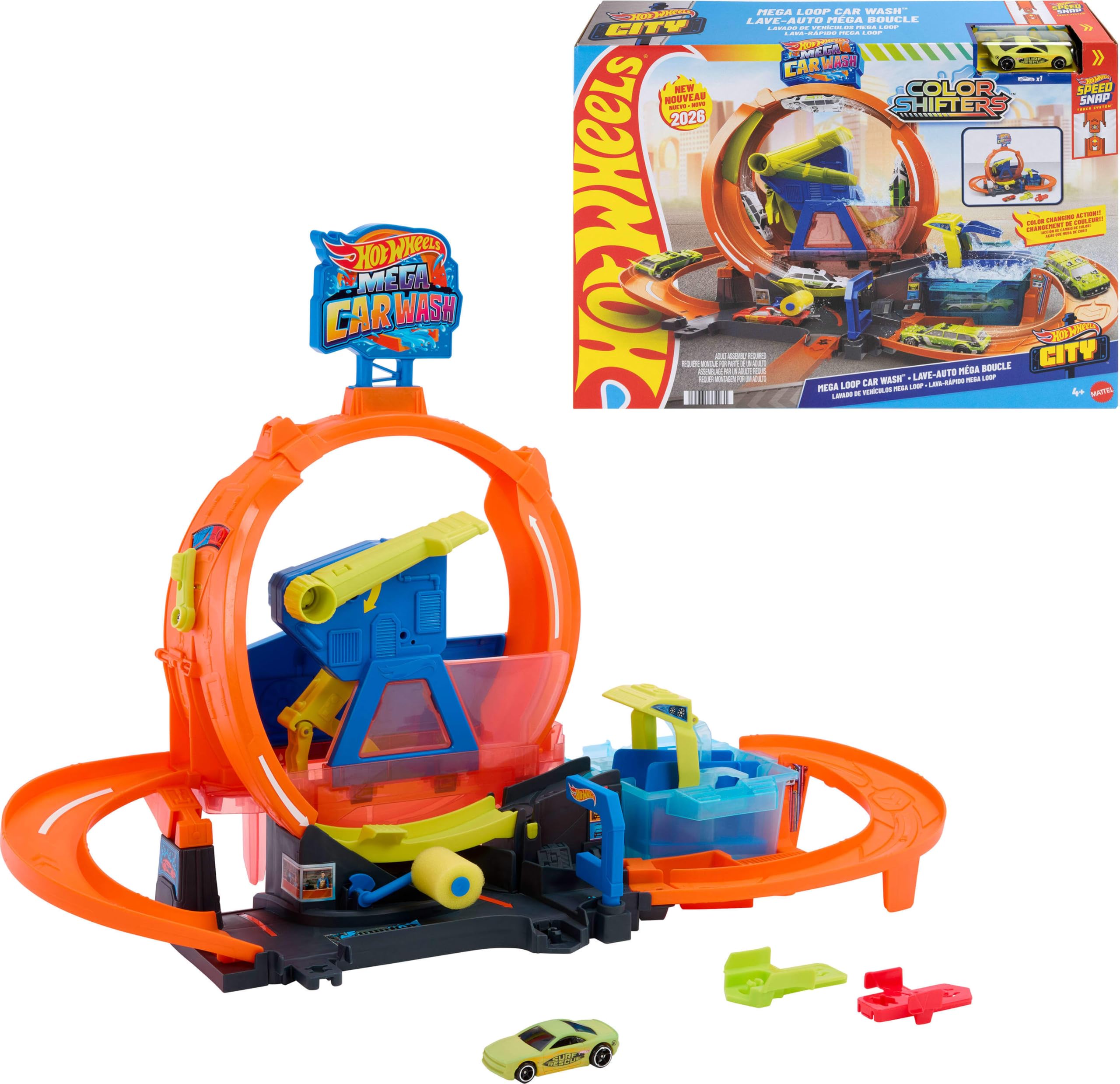Hot Wheels City Mega Myjnia Pętla Color Shifters Zestaw, 1 samochód Hot Wheels Color Shifters w skali 1:64, zmiana koloru, tor wyścigowy, myjnia samochodowa zabawka dla dzieci 4+, JHL97