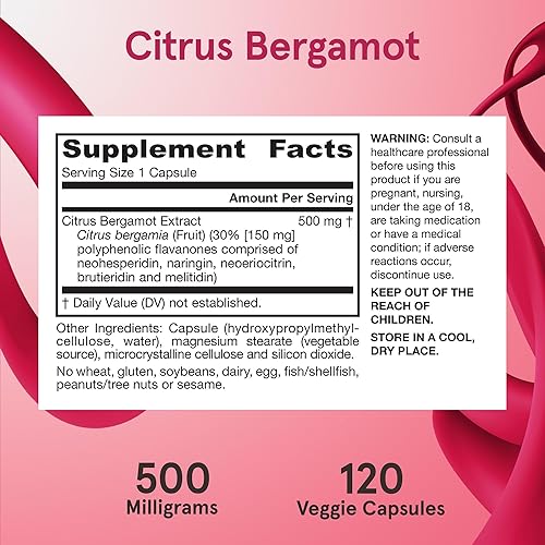 Miniatura 6 de Jarrow Formulas Bergamota cítrica de 500 mg-120 porciones (cápsulas vegetales) - Apoyo antioxidante para la salud cardiovascular y metabólica,