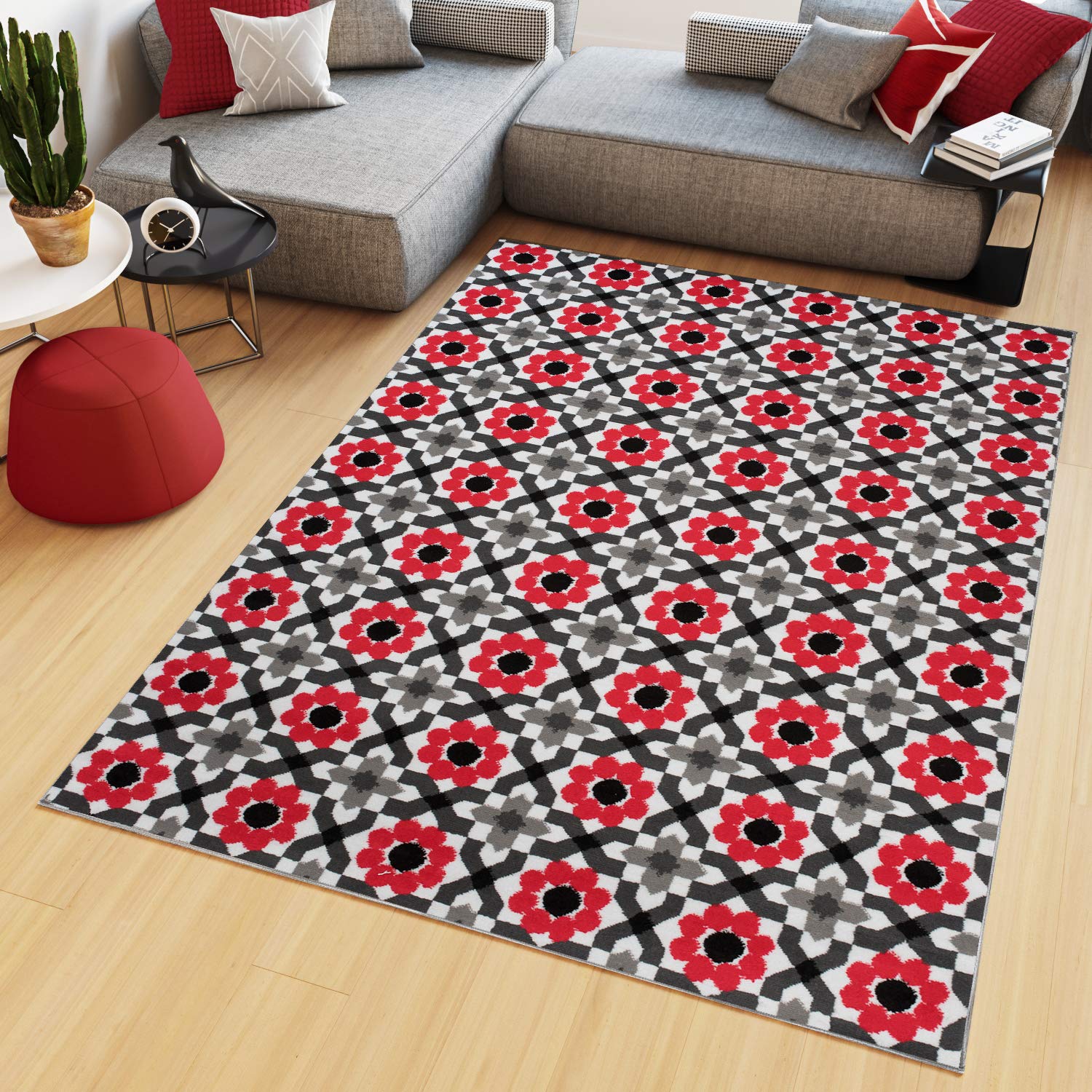 TAPISO Maya kolekcja dywan z krótkim włosiem, do salonu, nowoczesny, czerwony, szary, biały, czarny, kwiatowy, mozaika, geometryczny, sypialnia, jadalnia, Ökotex 160 x 230 cm