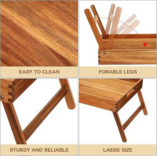 Miniatura 5 de Tatuo Bandeja de mesa de acacia de 3 piezas de 11.5 pulgadas de altura para computadora portátil, bandeja de desayuno de madera para servir