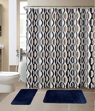 All American Collection 15-Piece Bathroom Set with 2 Memory Foam Bath Mats and Matching Shower Curtain | Designer Patterns and Colors