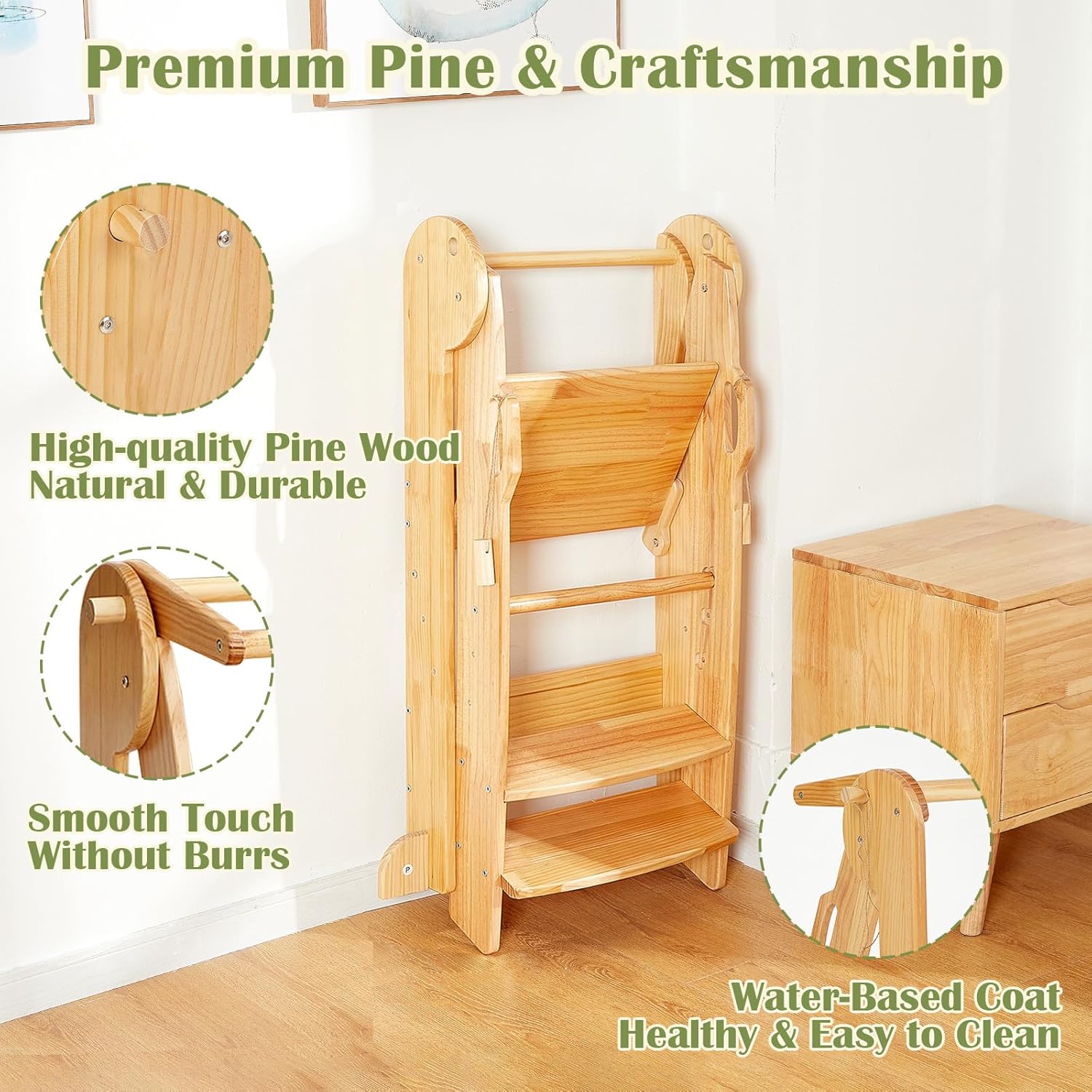 Close-up images highlighting the premium pine wood construction, smooth finish without burrs, and healthy water-based coat of the FUNLIO Learning Tower.