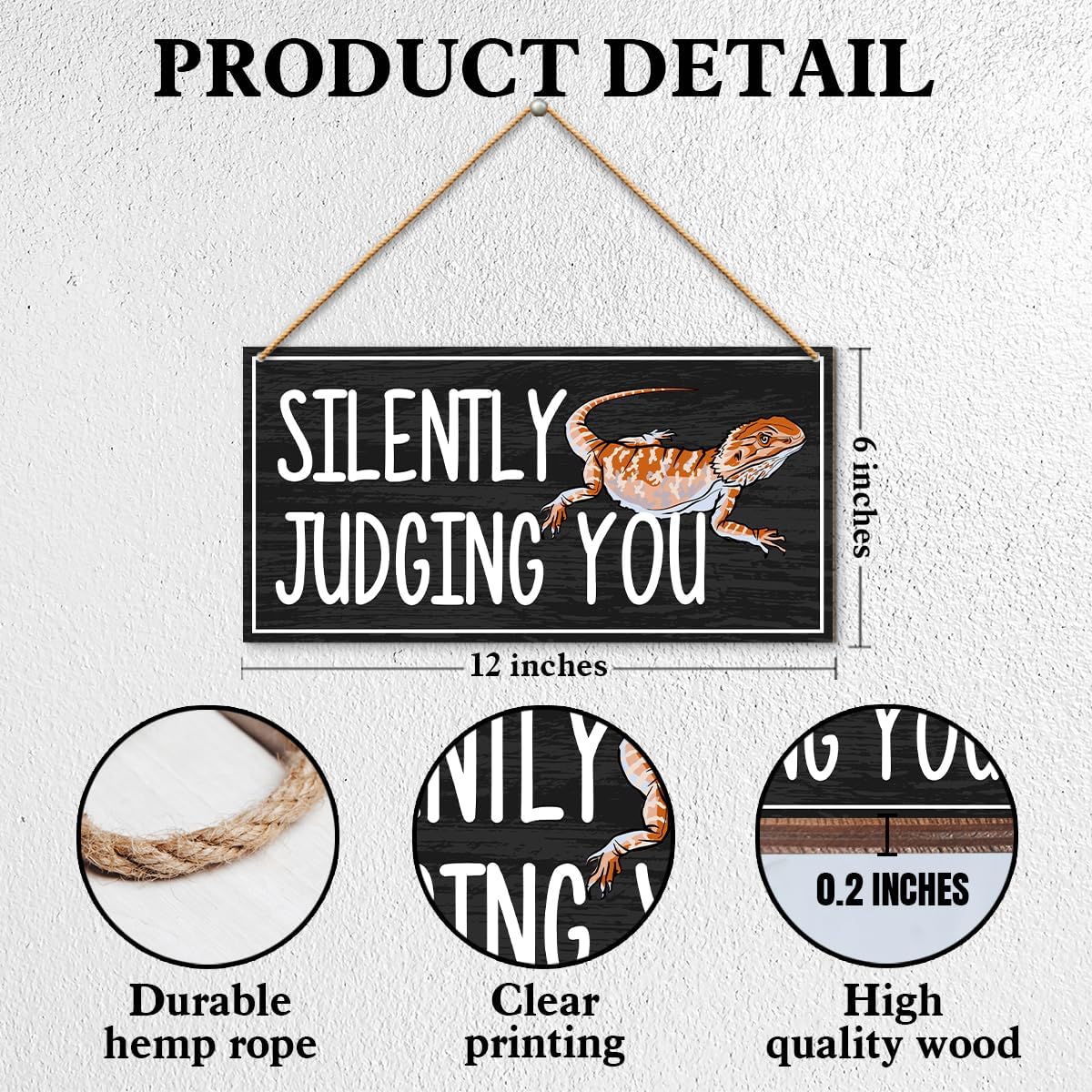 Funny Bearded Dragon Sign Decor Silently Judging You Wooden Sign for Home Wall Decor, Bearded Dragon Lover Gifts, Reptile Decor, 12 × 6 Inch
