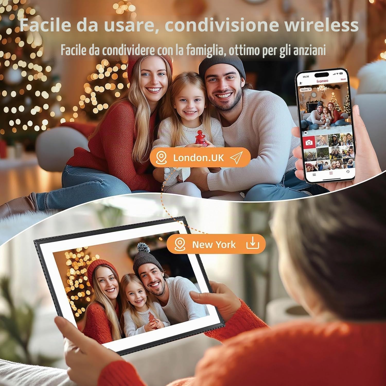 Cornice digitale WLAN da 10,1 pollici, 32 GB di memoria Cornice digitale intelligente 1280 * 800 HD IPS touchscreen con rotazione automatica, condivisione di foto o video tramite l'app Frameo