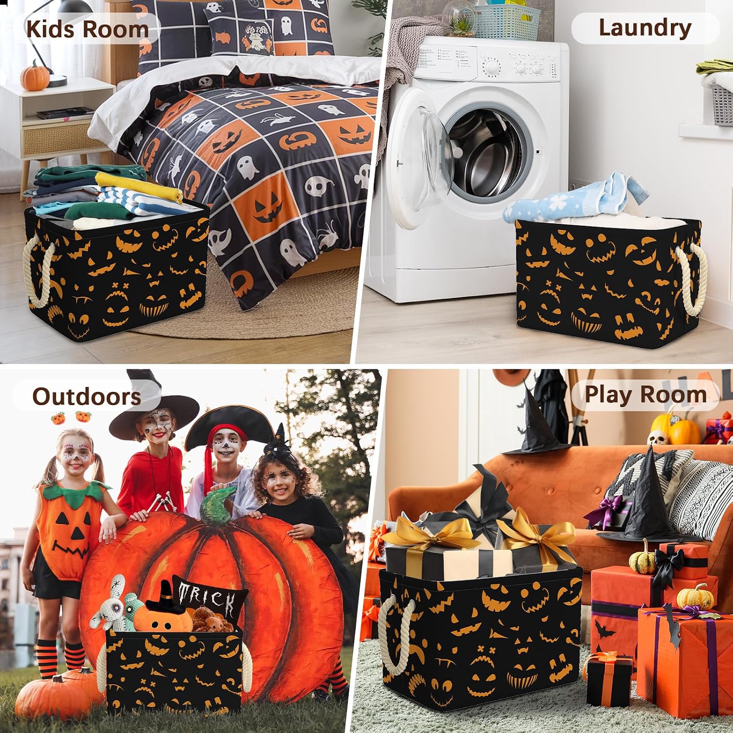 Casuru Pumpkin Halloween Basket Orange Black Boo Spooky Basket with Handles Foldable Cute Halloween Gifts Storage Bins Boxes for Party Home Bedroom Decor (Black & Orange, 15x10x10 Inch)