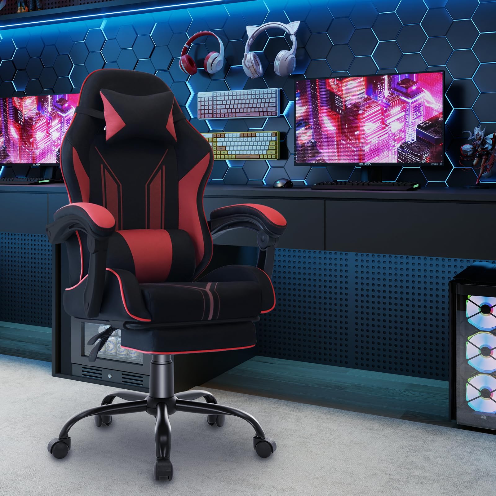 Gaming Stuhl mit Fußstütze Ergonomisch mit Kopfstütze& Lendenkissen-Bürostuhl mit Premium- Technikstoff&130kg Tragfähig für Esports/Homeoffice/Zocken (Erwachsene/Jugendliche/Kinder)