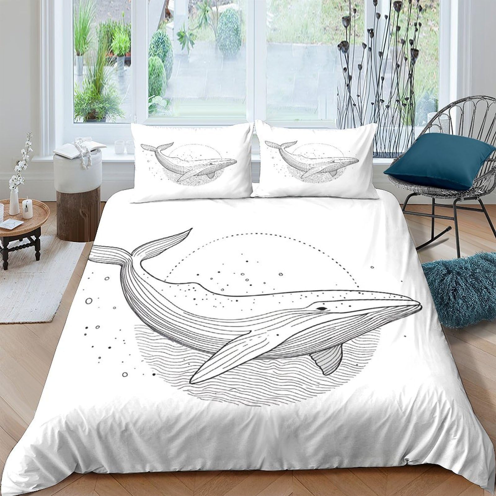 GPLZQXKJNH 3D Printed Whale Ocean Duvet Cover Microfiber Soft Breathable Sea Animal Bedding Set with 2 Pillowcases for Bedroom Decor Single（135x200cm）