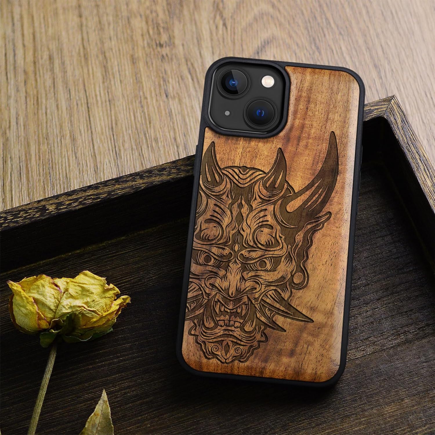 Carveit Magnetic Wooden Case for iPhone 15 Case, Compatible with MagSafe Wireless Chargers, Black Soft TPU Shockproof Cover & Wood Artisan Engraved (Japanese Oni Mask) - Walnut