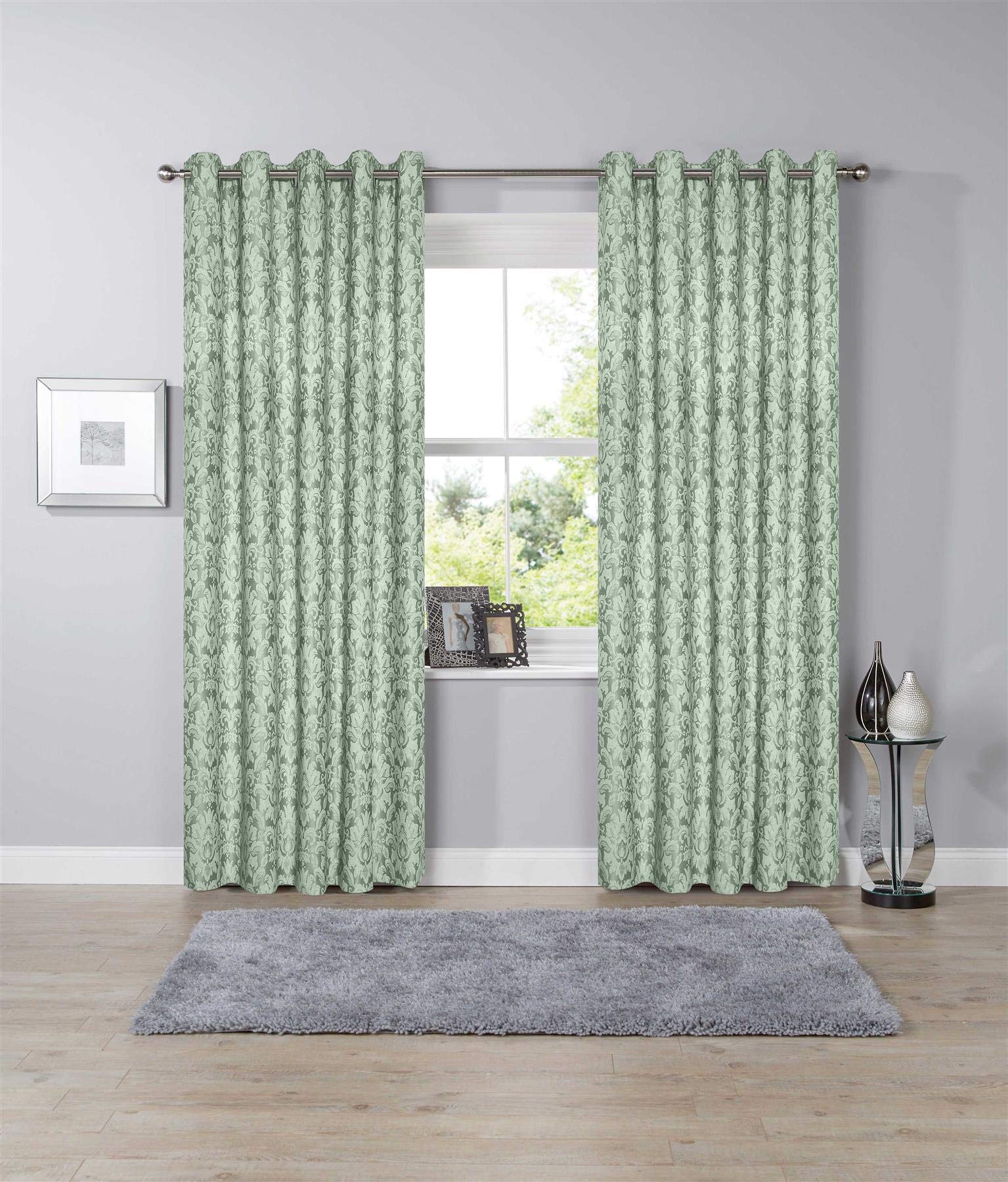 Olivia Rocco Duck Egg Savoy Jacqaurd Curtains Ring Top Eyelet Lined Curtain Pair, 90"X90"