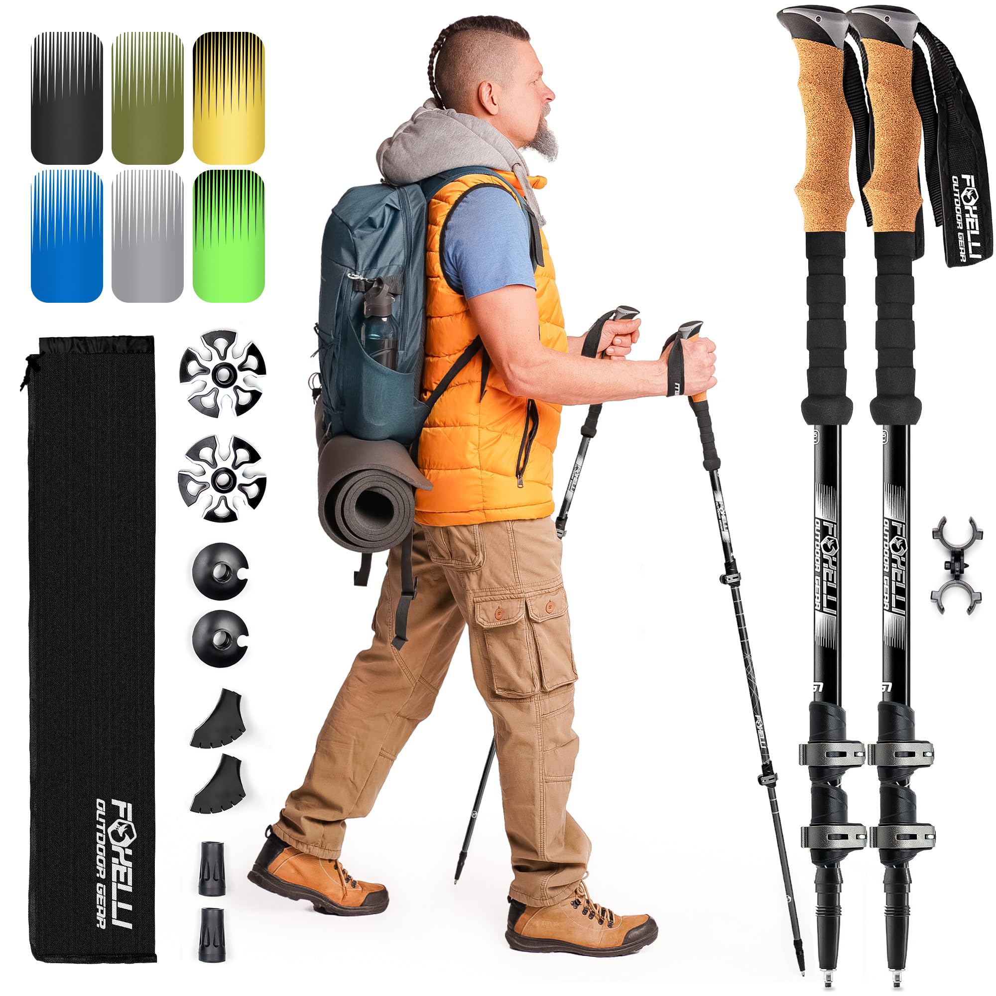 Trekking Poles – Lightweight Collapsible Aircraft Grade Aluminum Hiking Poles with Cork Grips Quick Locks & All-Terrain Accessories – Pair of 2