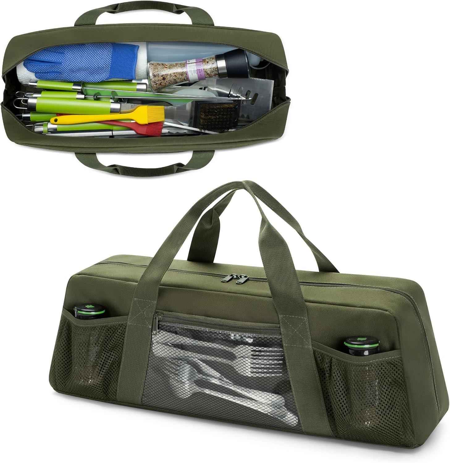 HODRANT Grill Tool Storage Bag, Outdoor BBQ Utensil Holder for Barbecue Tool up to 22", Large Grill Utensil Storage Caddy with Pockets, BBQ Accessories Case Container for Camping, Bag Only, Green