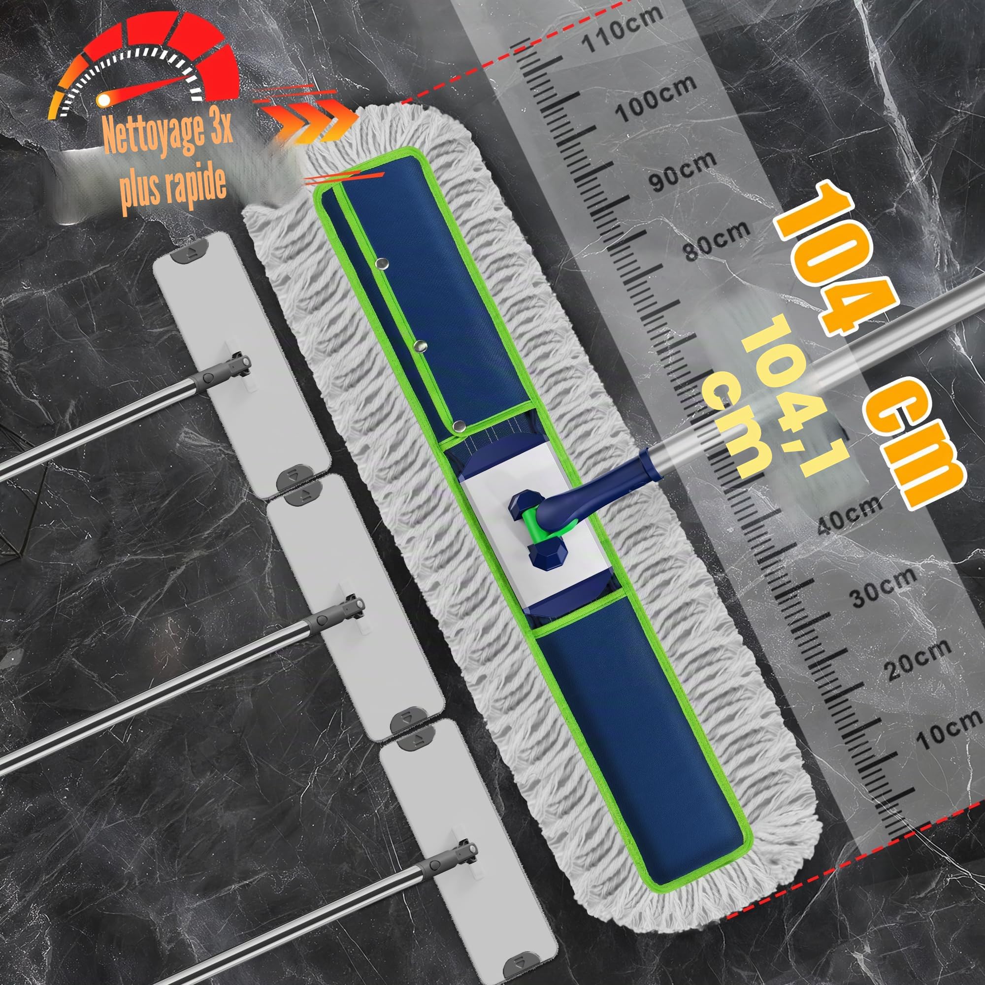 Grand balai plat industriel : 104 cm de large et très résistant pour sols en bois dur – Plumeau pour sols secs avec 2 tampons de 150 cm de long manche pour garage, entrepôt, nettoyage d'usine